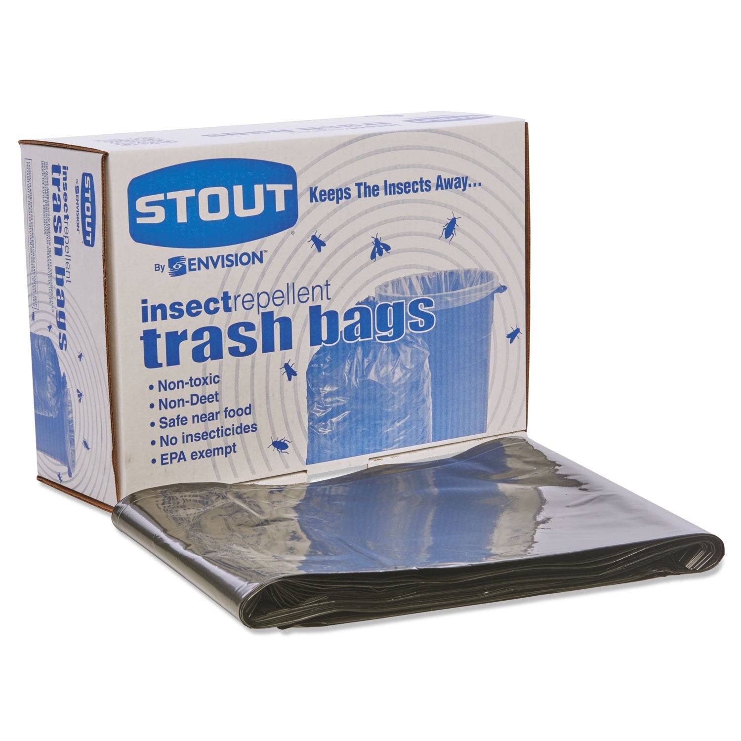 Stout® by Envision™ Insect-Repellent Trash Bags, 45 Gal, 2 Mil, 40" X 45", Black, 65/box