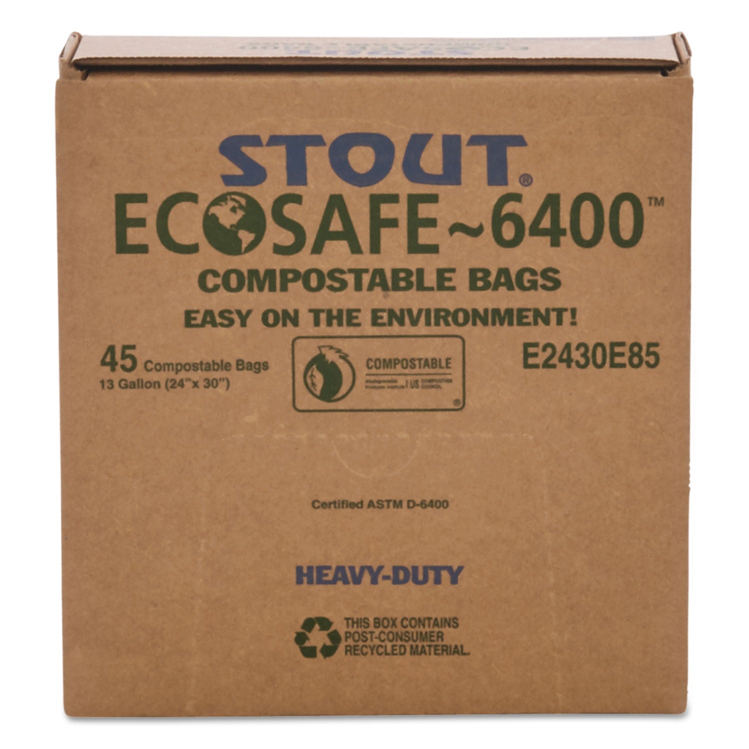 Stout® by Envision™ Ecosafe-6400 Bags, 13 Gal, 0.85 Mil, 24" X 30", Green, 45/box