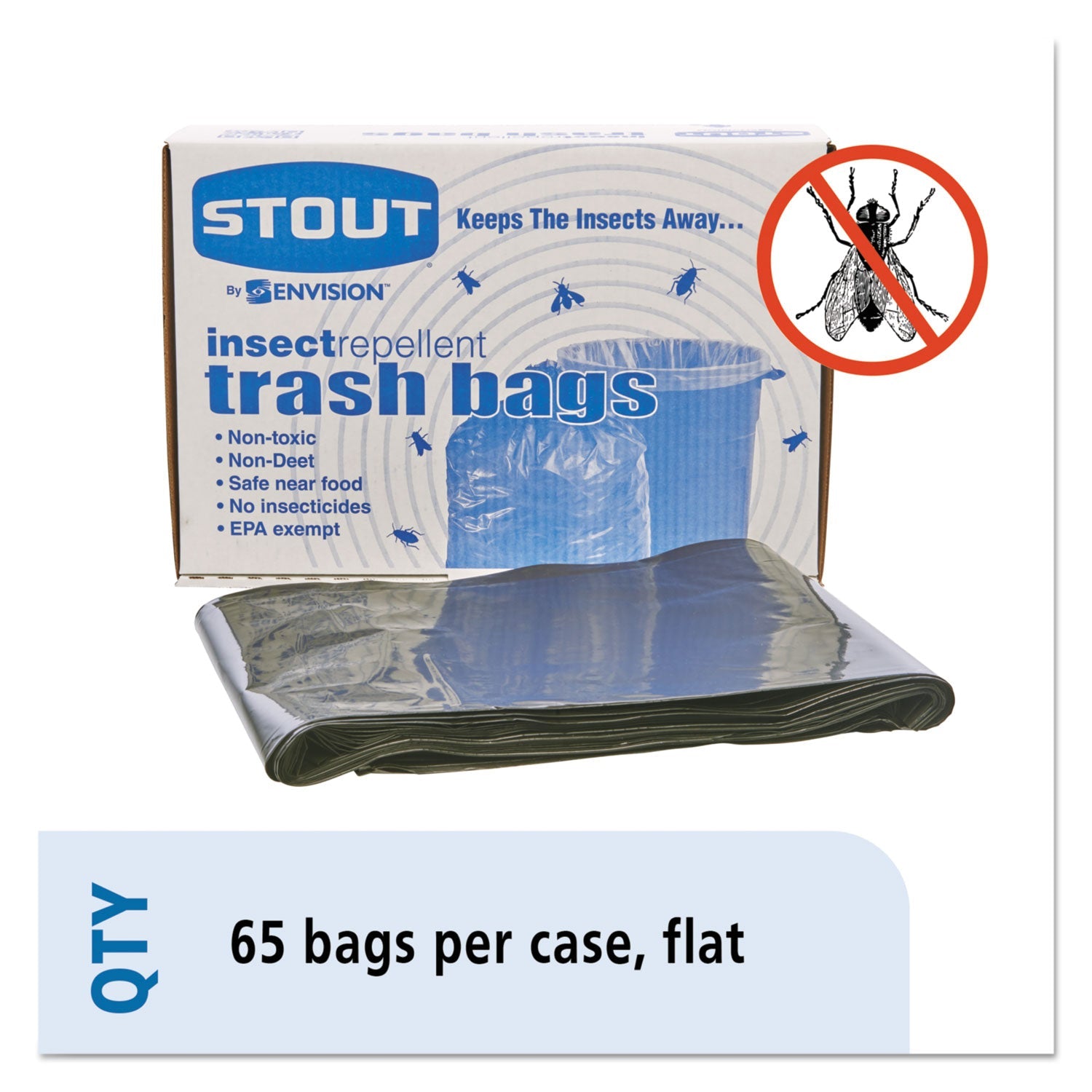 Stout® by Envision™ Insect-Repellent Trash Bags, 45 Gal, 2 Mil, 40" X 45", Black, 65/box