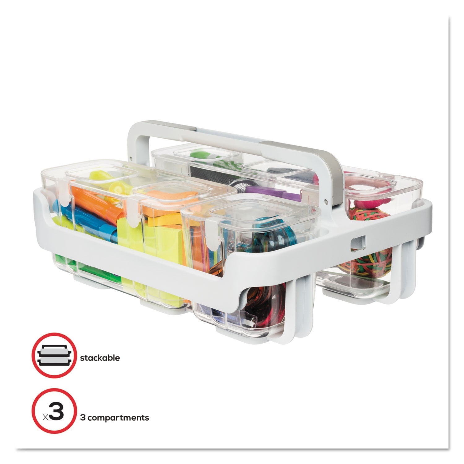 deflecto® Stackable Caddy Organizer with S, M and L Containers, Plastic, 10.5 x 14 x 6.5, White Caddy/Clear Containers