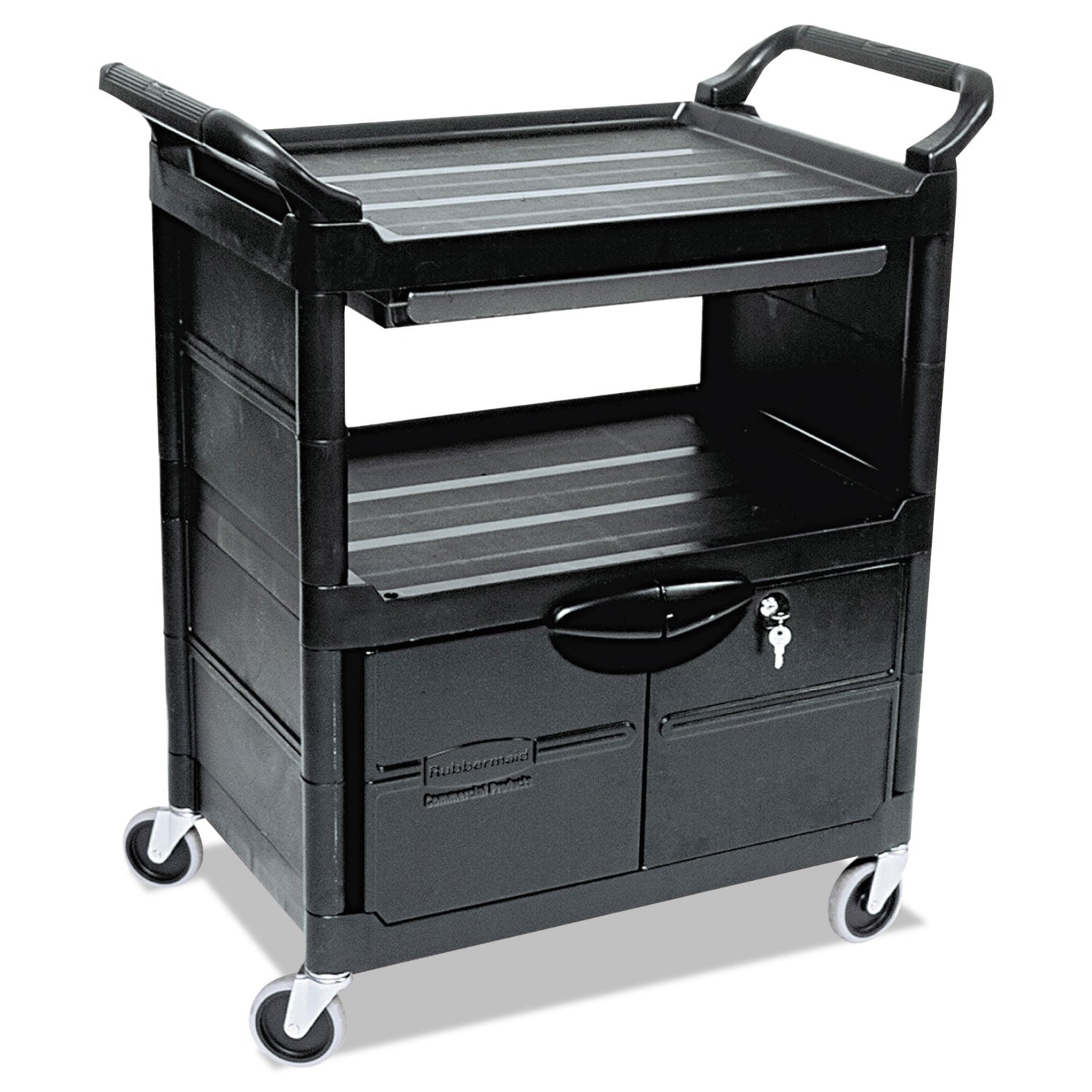 Utility Cart with Locking Doors | 3-Shelf, Black
