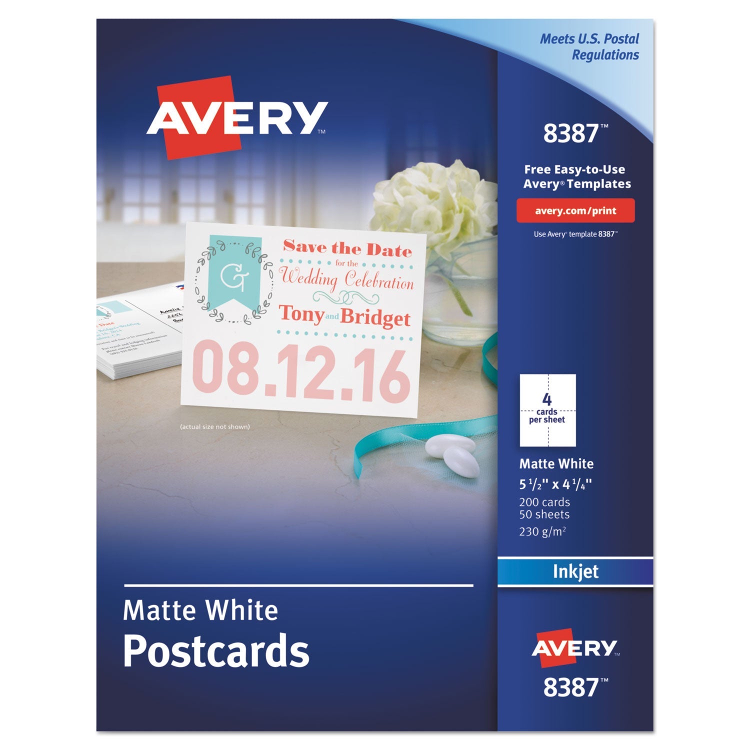 Avery® Printable Postcards, Inkjet, 80 lb, 4.25 x 5.5, Matte White, 200 Cards, 4 Cards/Sheet, 50 Sheets/Box