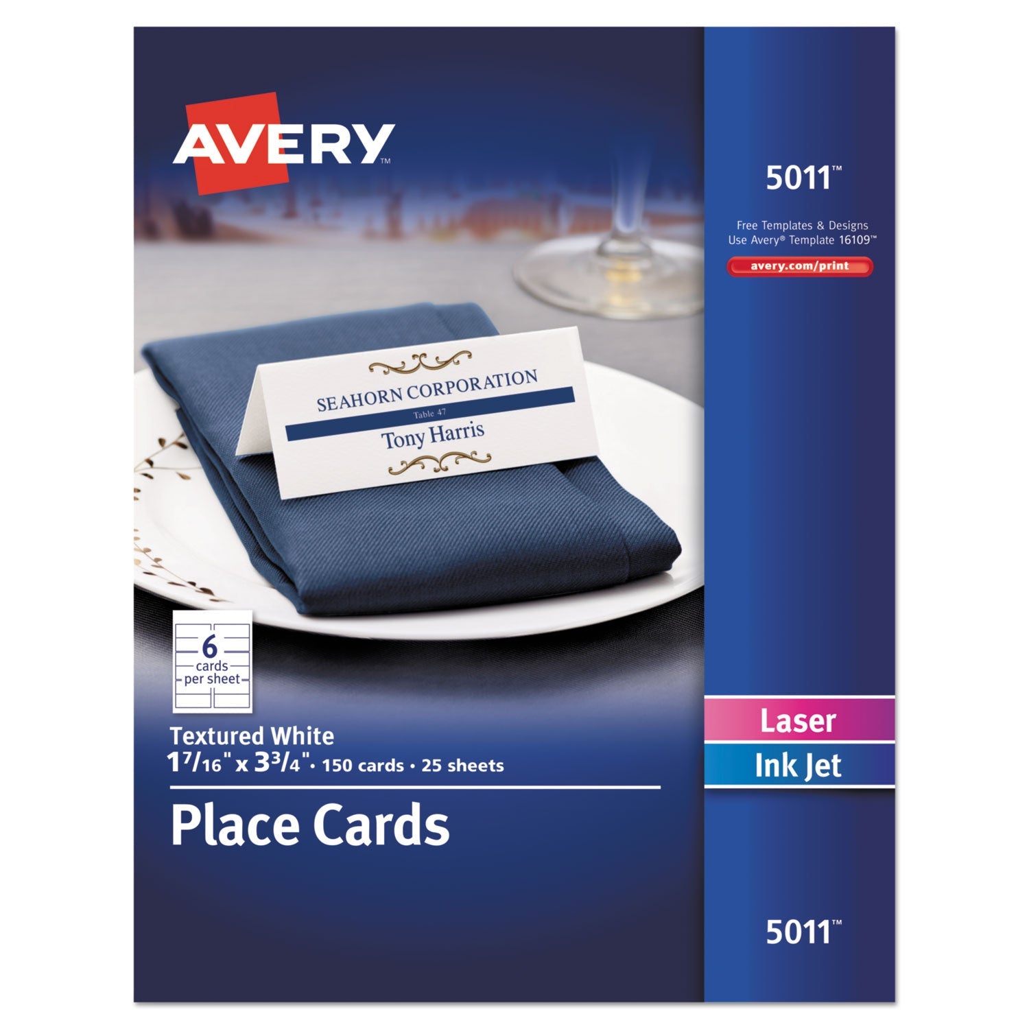 Avery® Small Textured Tent Cards, White, 3.75 x 1.44, 6 Cards/Sheet, 25 Sheets/Pack