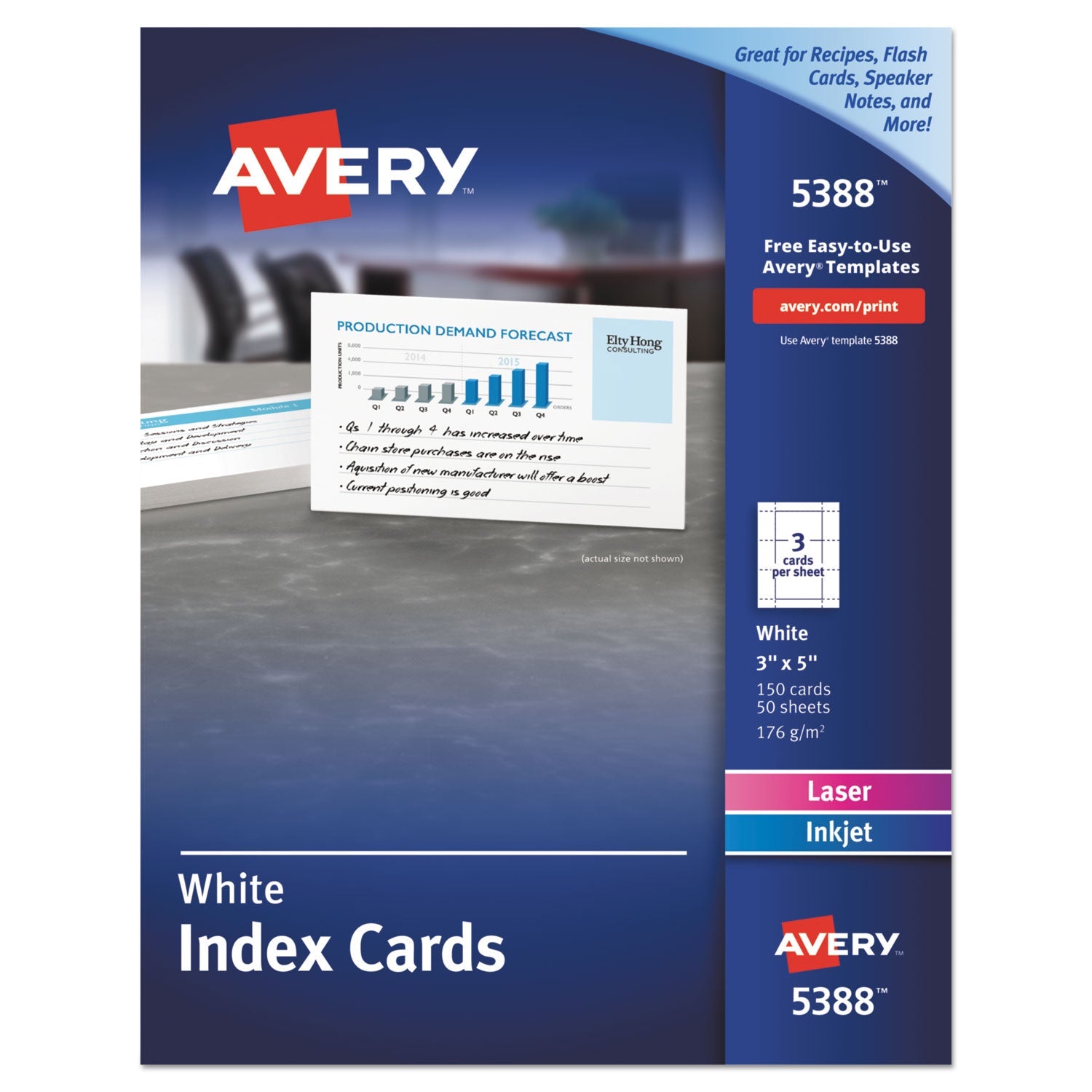 Avery® Printable Index Cards With Sure Feed, Unruled, Inkjet/laser, 3 X 5, White, 150 Cards, 3 Cards/sheet, 50 Sheets/box