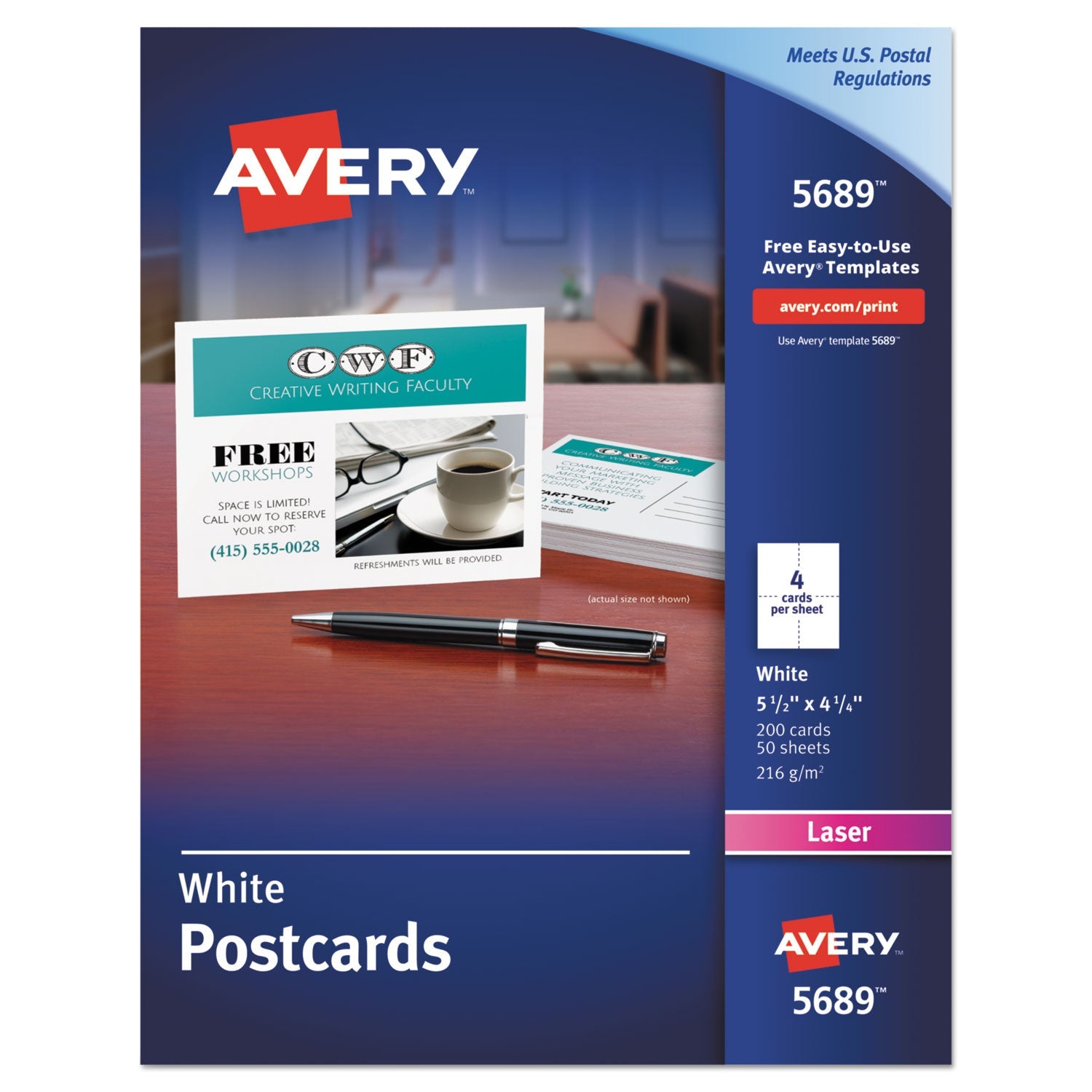Avery® Printable Postcards, Laser, 80 lb, 4.25 x 5.5, Matte White, 200 Cards, 4 Cards/Sheet, 50 Sheets/Box