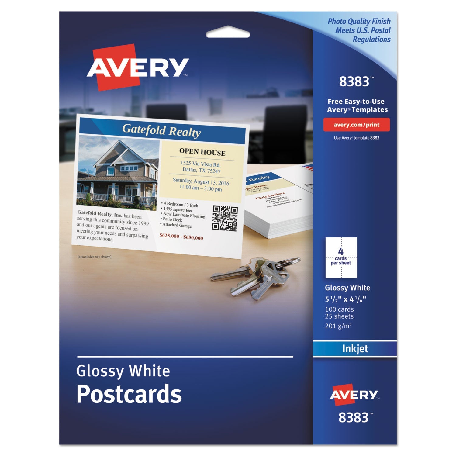 Avery® Photo-Quality Printable Postcards, Inkjet, 74 Lb, 4.25 X 5.5, Glossy White, 100 Cards, 4 Cards/sheet, 25 Sheets/pack