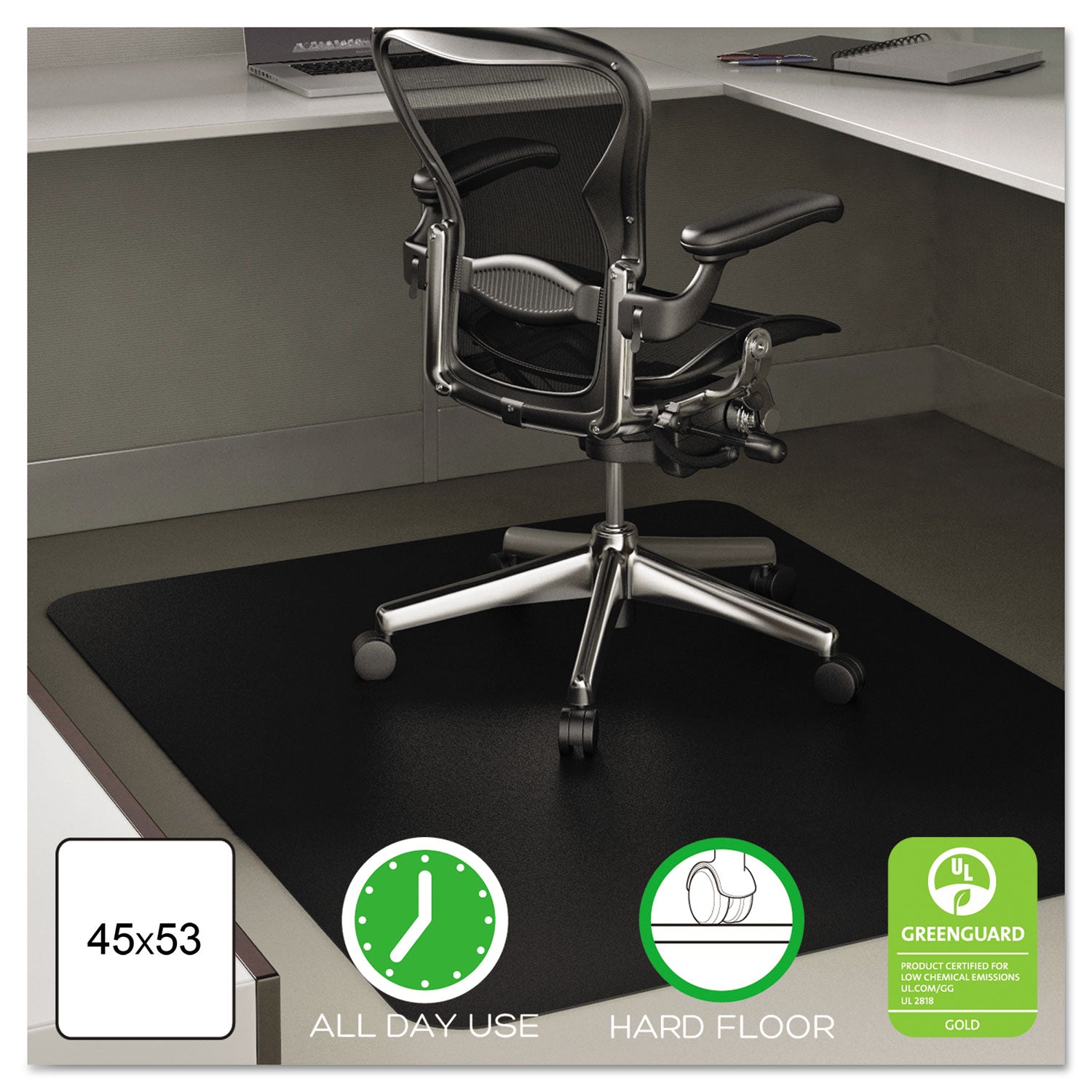 deflecto® EconoMat All Day Use Chair Mat for Hard Floors, Flat Packed, 45 x 53, Black