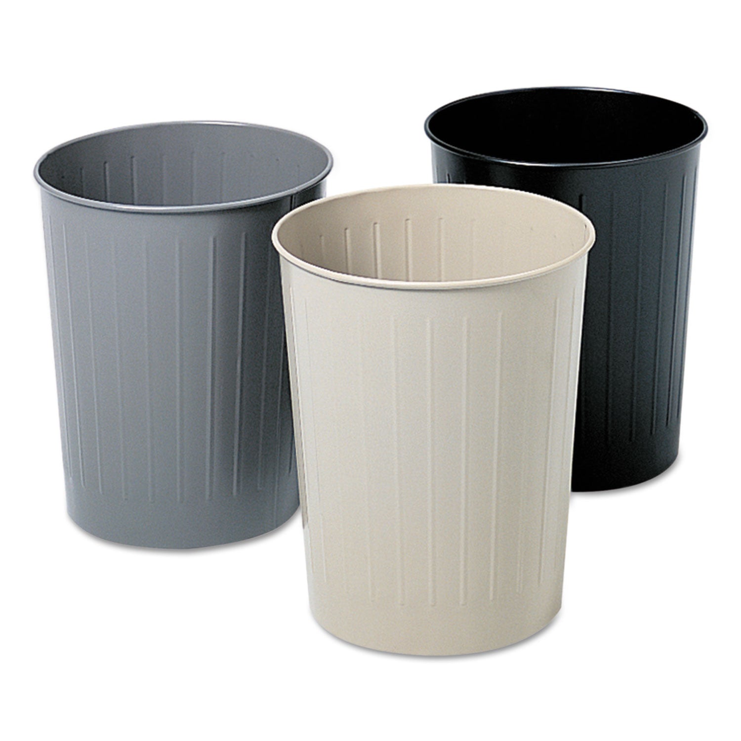 Safco® Round Wastebaskets, 6 gal, Steel, Black