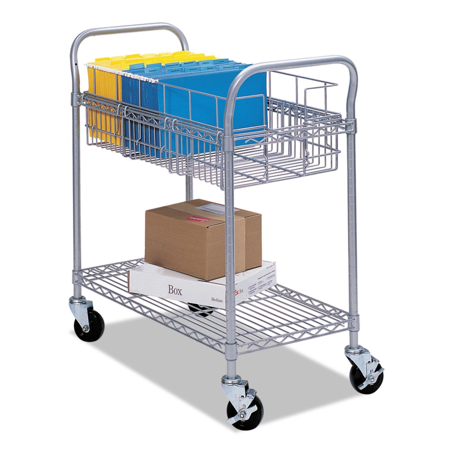 Safco® Dual-Purpose Wire Mail and Filing Cart, Metal, 1 Shelf, 1 Bin, 26.75" x 18.75" x 38.5", Metallic Gray