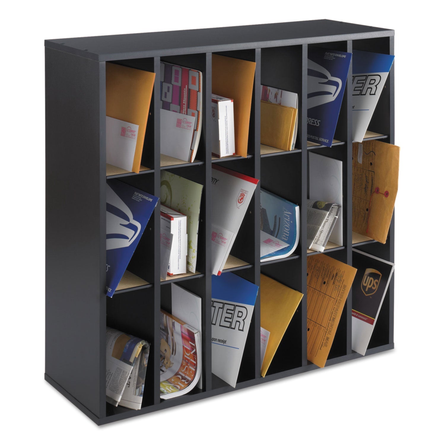 Safco® Wood Mail Sorter with Adjustable Dividers, Stackable, 18 Compartments, 33.75 x 12 x 32.75, Black