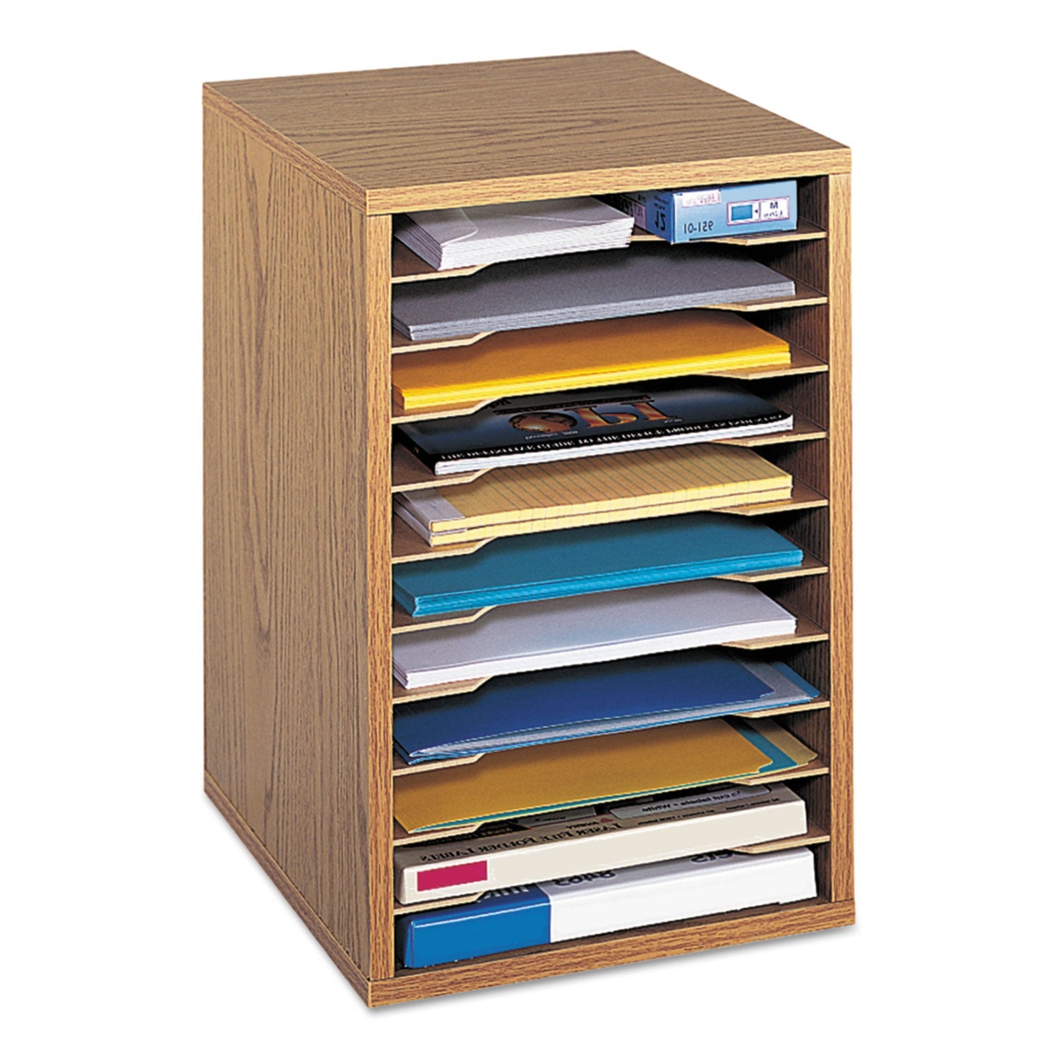 Safco® Wood Vertical Desktop Sorter, 11 Compartments, 10.63 x 11.88 x 16, Medium Oak