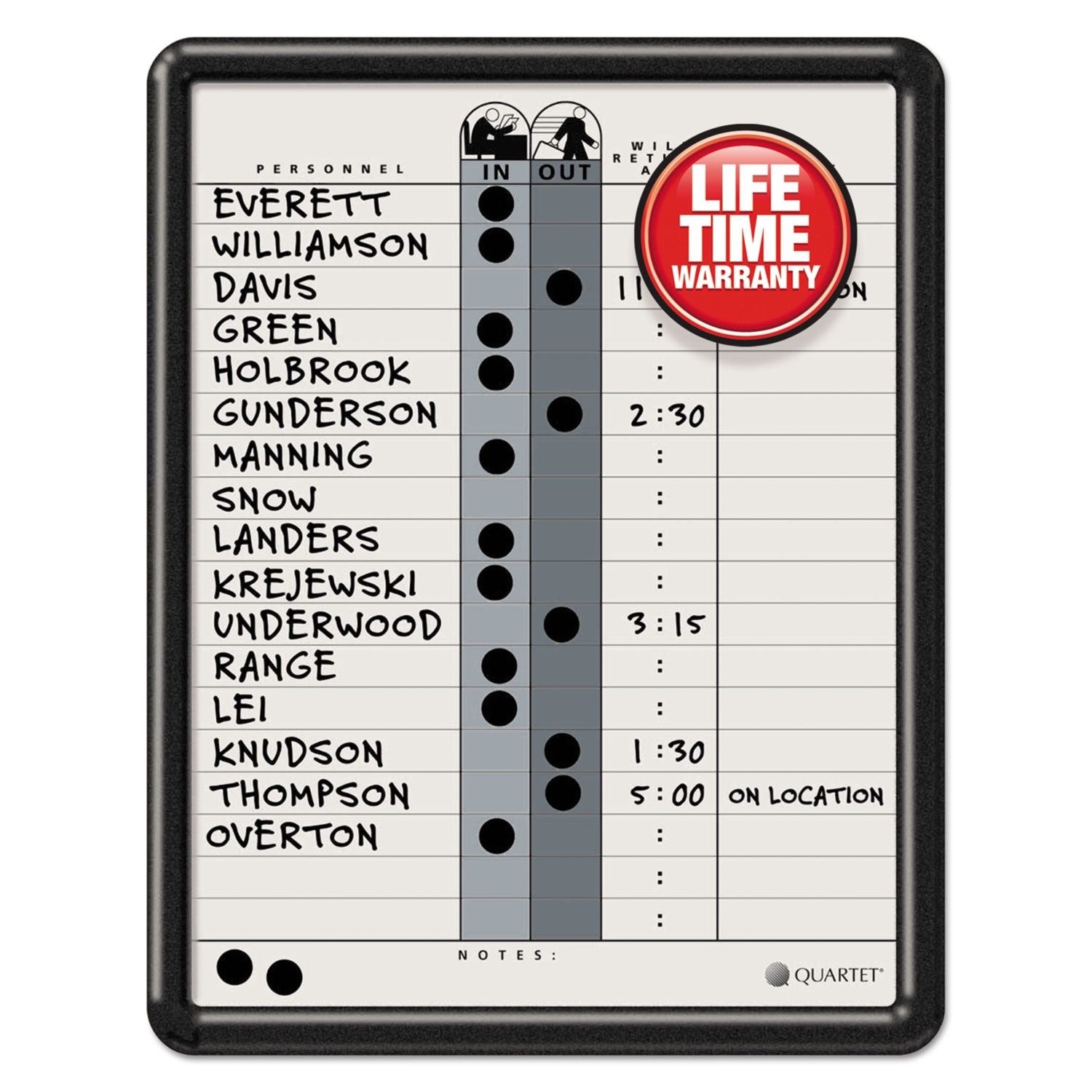 Quartet® Employee In/Out Board, Personnel In/Out Tracking Chart, 11" x 14", White/Gray Surface, Black Plastic Frame