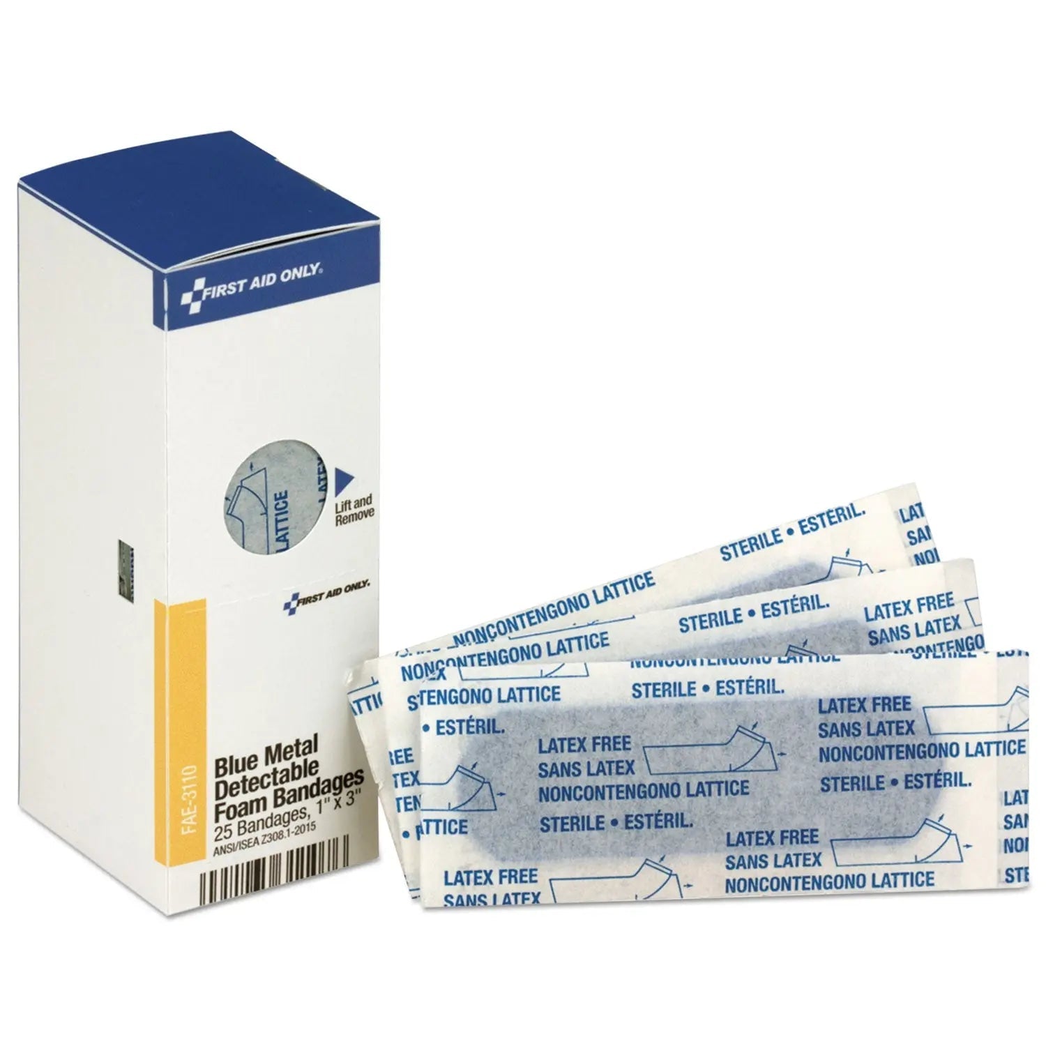 First Aid Only™ Metal Detectable Adhesive Bandages, Foam, Blue, 1 X 3, 25/box - Bloom Skins