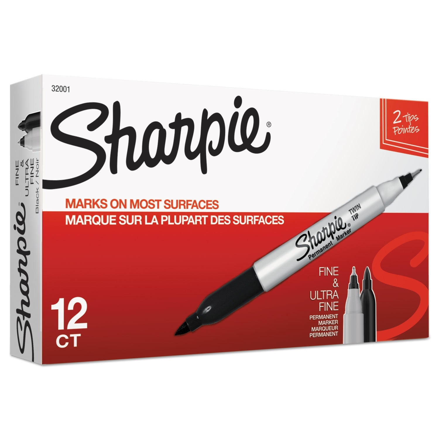 Sharpie® Twin-Tip Permanent Marker, Extra-Fine/fine Bullet Tips, Black, Dozen