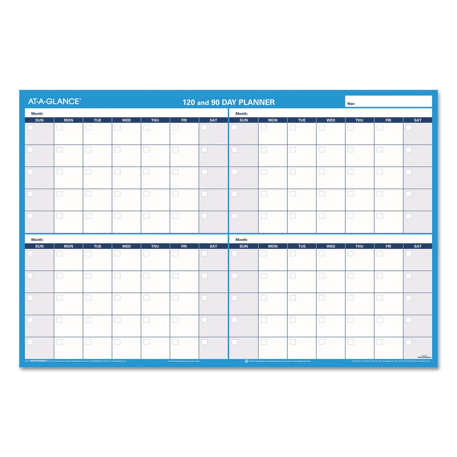 AT-A-GLANCE® 90/120-Day Undated Horizontal Erasable Wall Planner, 36 X 24, White/blue Sheets, Undated