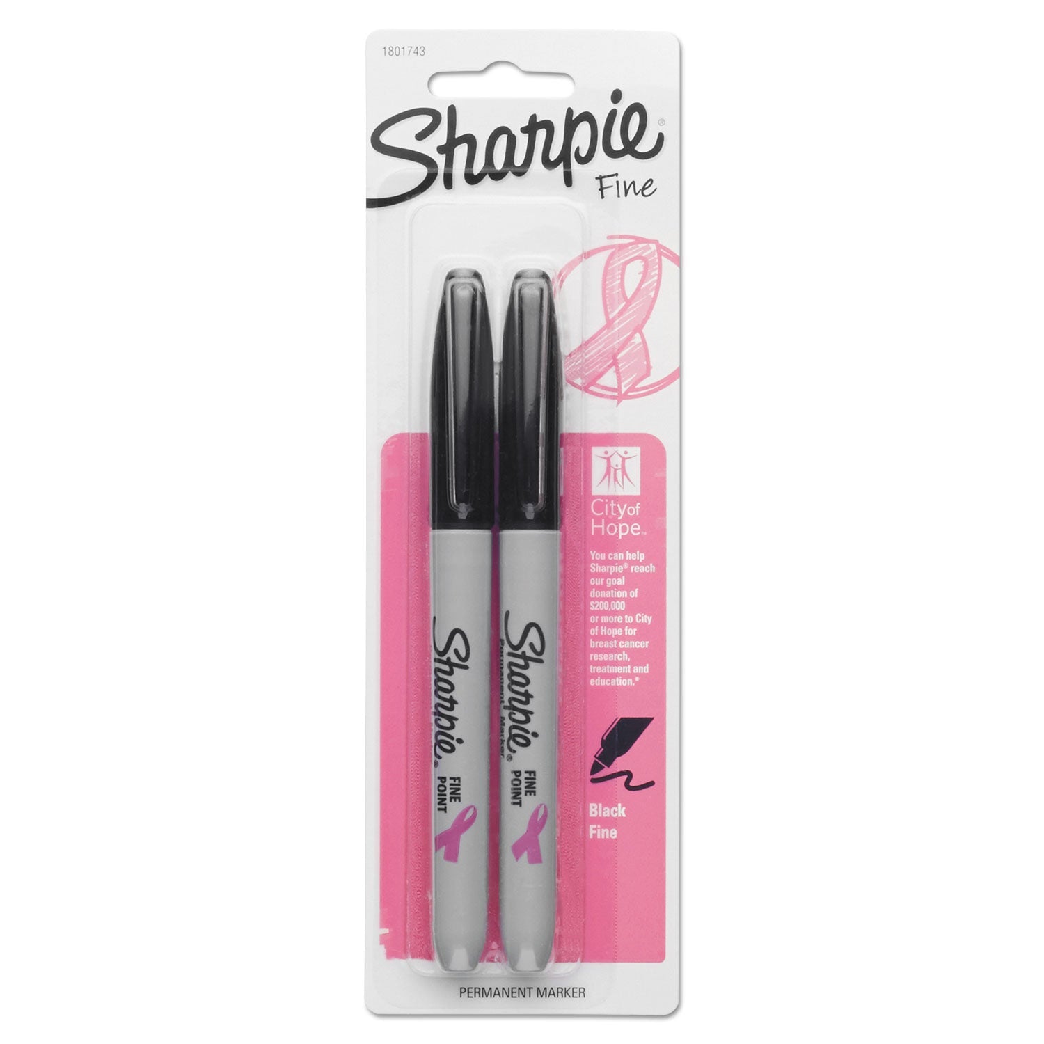 Sharpie® Fine Tip Permanent Marker, Breast Cancer Awareness, Fine Bullet Tip, Black, 2/Pack