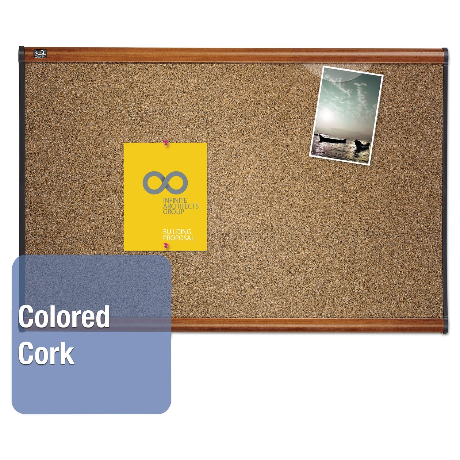Quartet® Prestige Colored Cork Bulletin Board, 36" x 24", Brown Surface, Light Cherry Finished Fiberboard/Plastic Frame