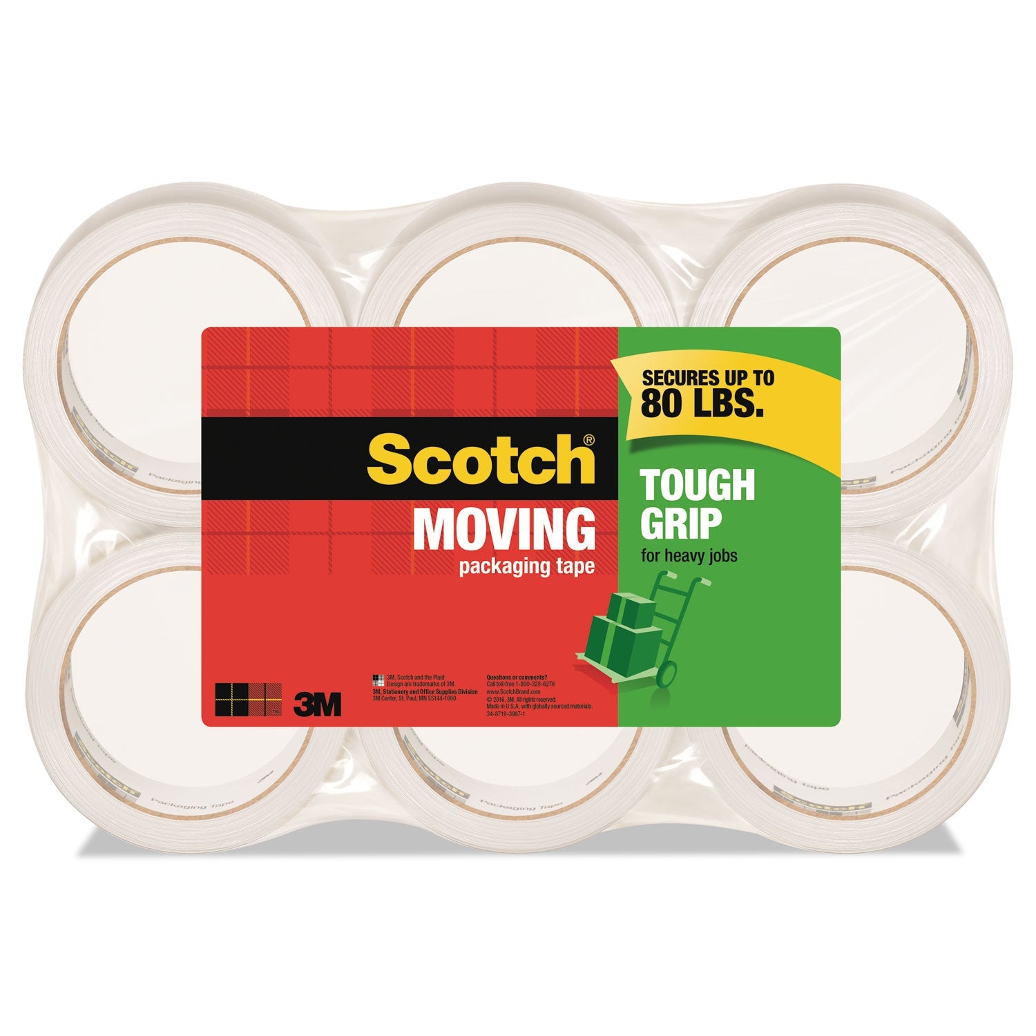 Scotch® Tough Grip Moving Packaging Tape, 3" Core, 1.88" X 54.6 Yds, Clear, 6/pack