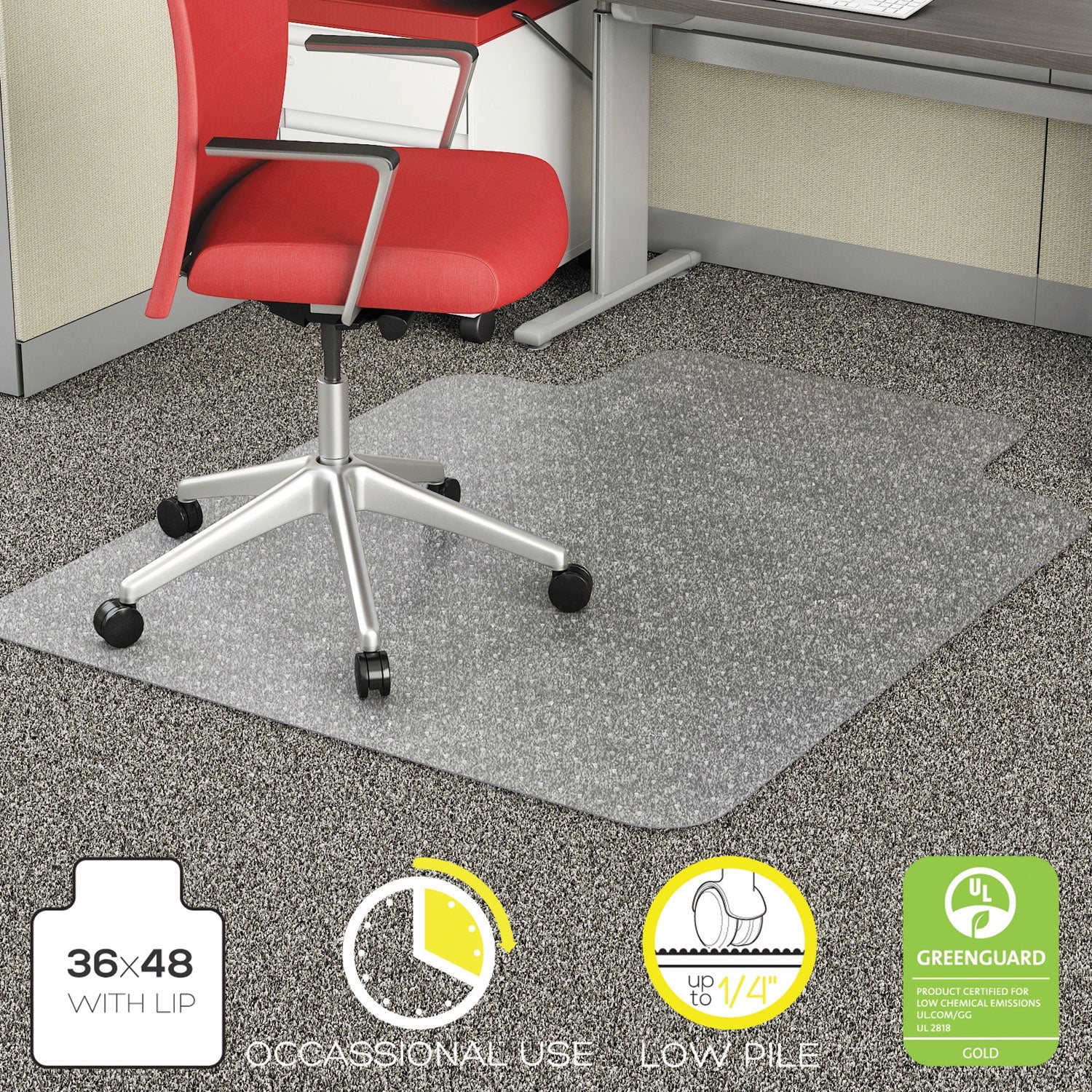 deflecto® Economat Occasional Use Chair Mat, Low Pile Carpet, Roll, 36 X 48, Lipped, Clear