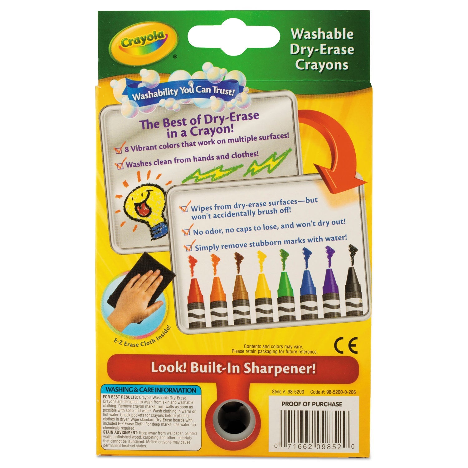 Crayola® Washable Dry Erase Crayons W/e-Z Erase Cloth, Assorted Colors, 8/pack