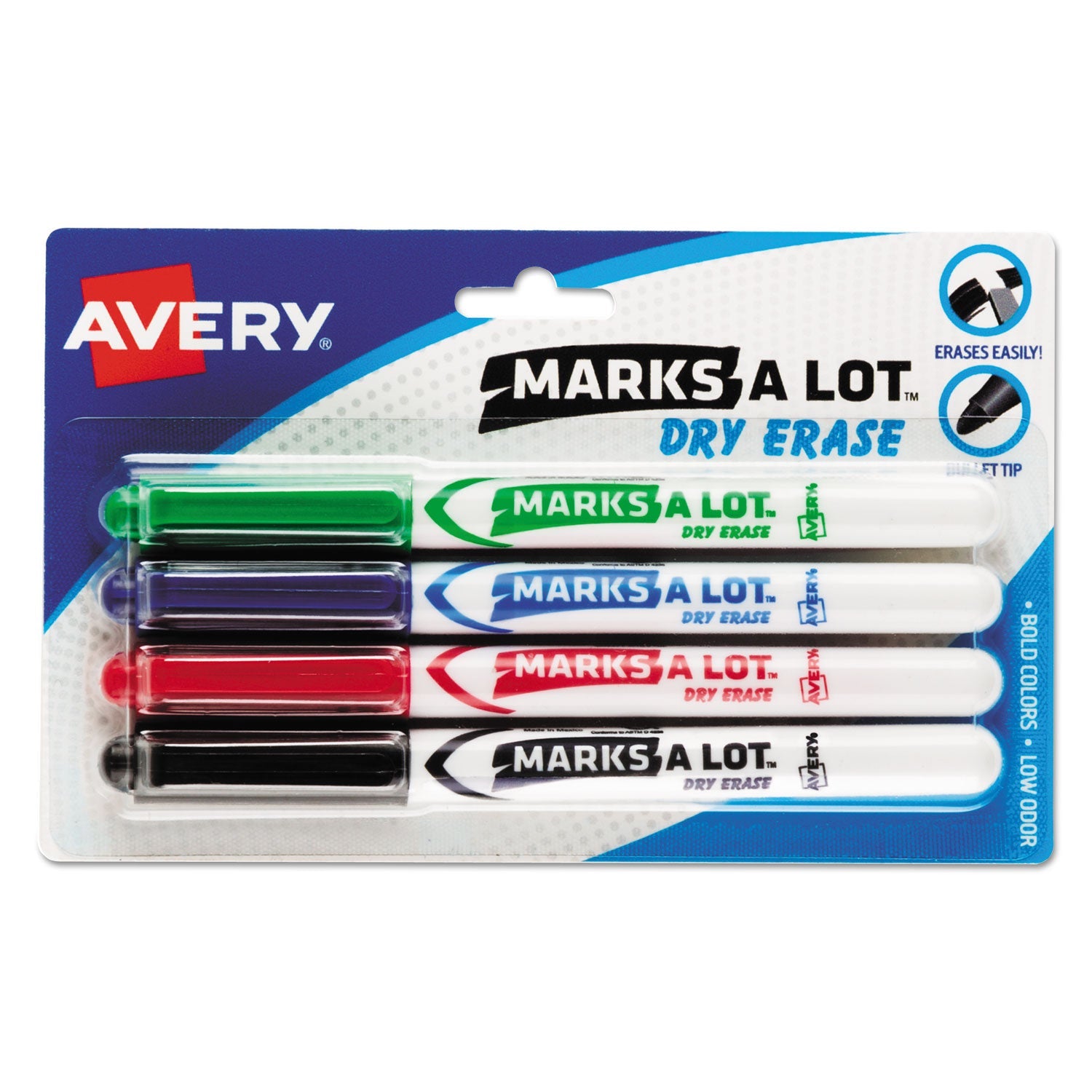 Avery® Marks A Lot Pen-Style Dry Erase Markers, Medium Bullet Tip, Assorted Colors, 4/set (24459)