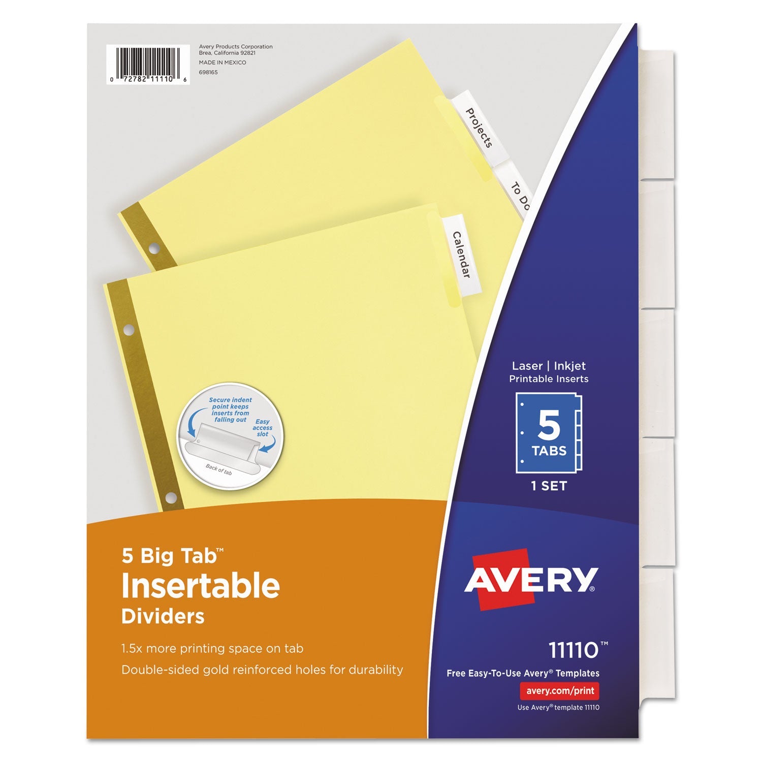 Avery® Insertable Big Tab Dividers, 5-Tab, Double-Sided Gold Edge Reinforcing, 11 x 8.5, Buff, Clear Tabs, 1 Set