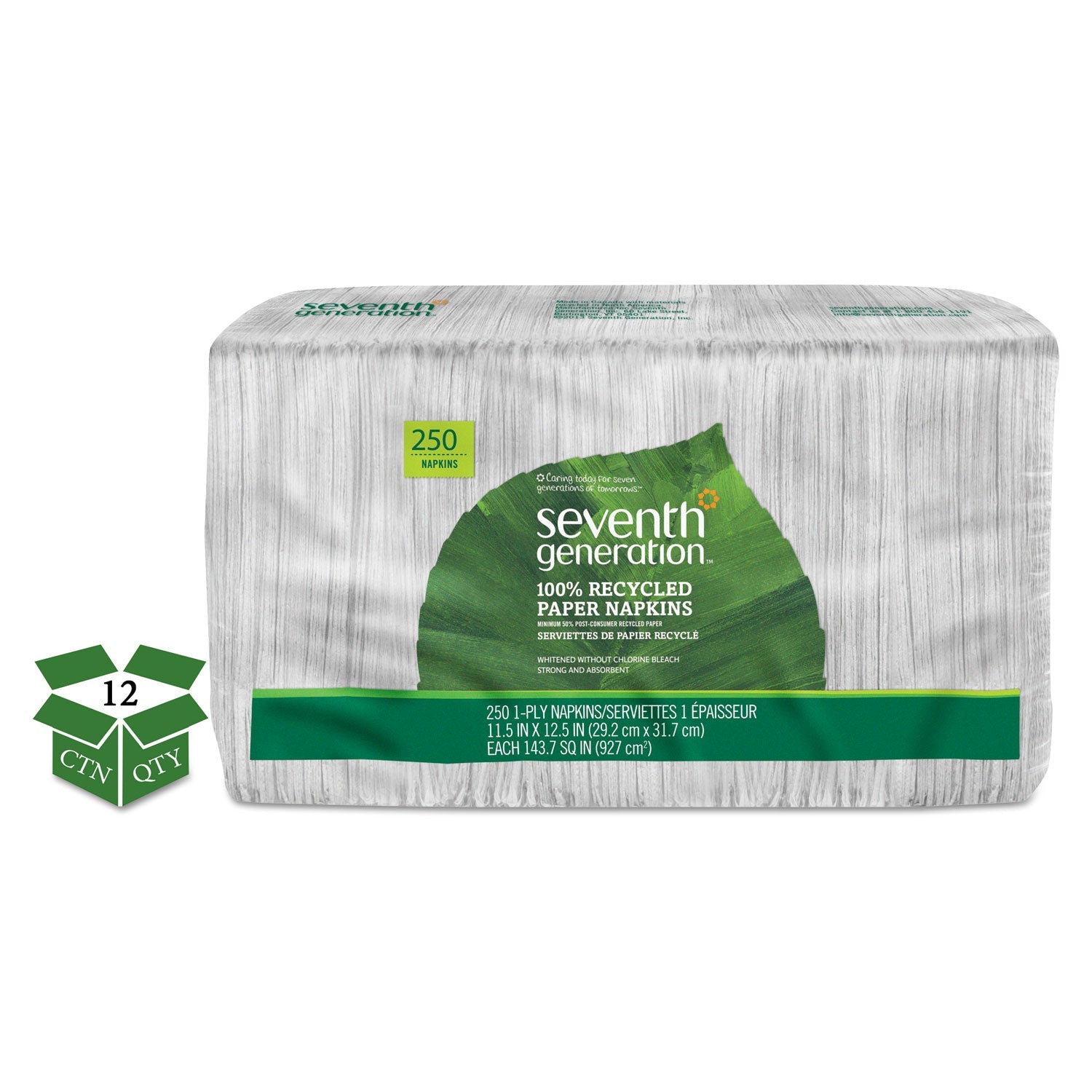Seventh Generation® 100% Recycled Napkins, 1-Ply, 11 1/2 X 12 1/2, White, 250/pack, 12 Packs/carton