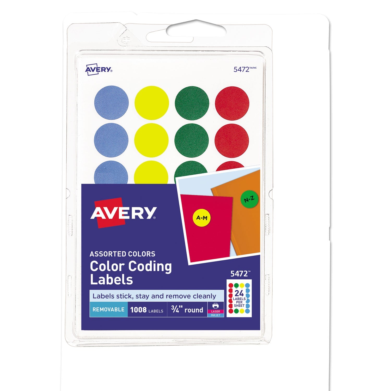 Avery® Printable Self-Adhesive Removable Color-Coding Labels, 0.75" dia, Assorted Colors, 24/Sheet, 42 Sheets/Pack, (5472)