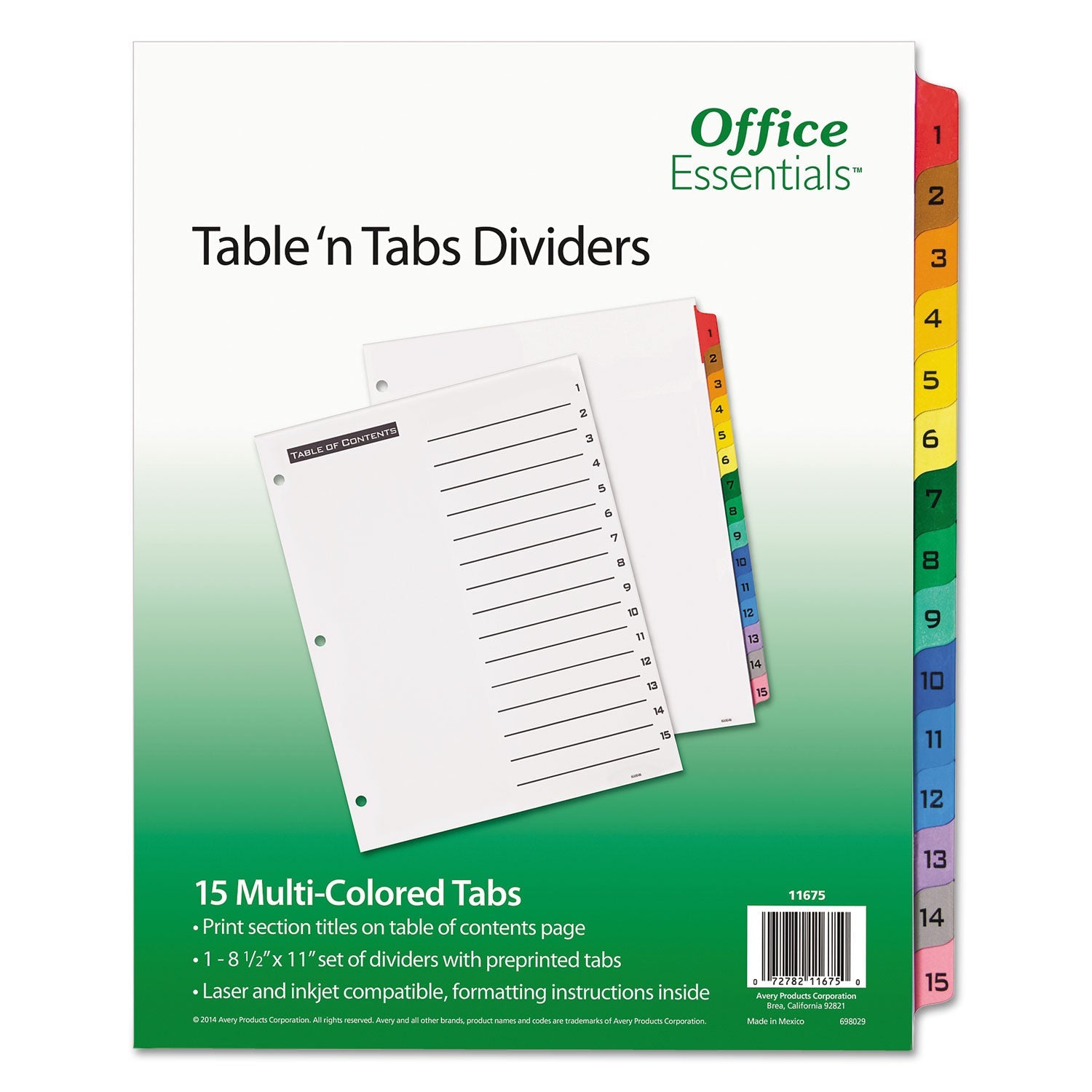 Office Essentials™ Table 'n Tabs Dividers, 15-Tab, 1 to 15, 11 x 8.5, White, Assorted Tabs, 1 Set