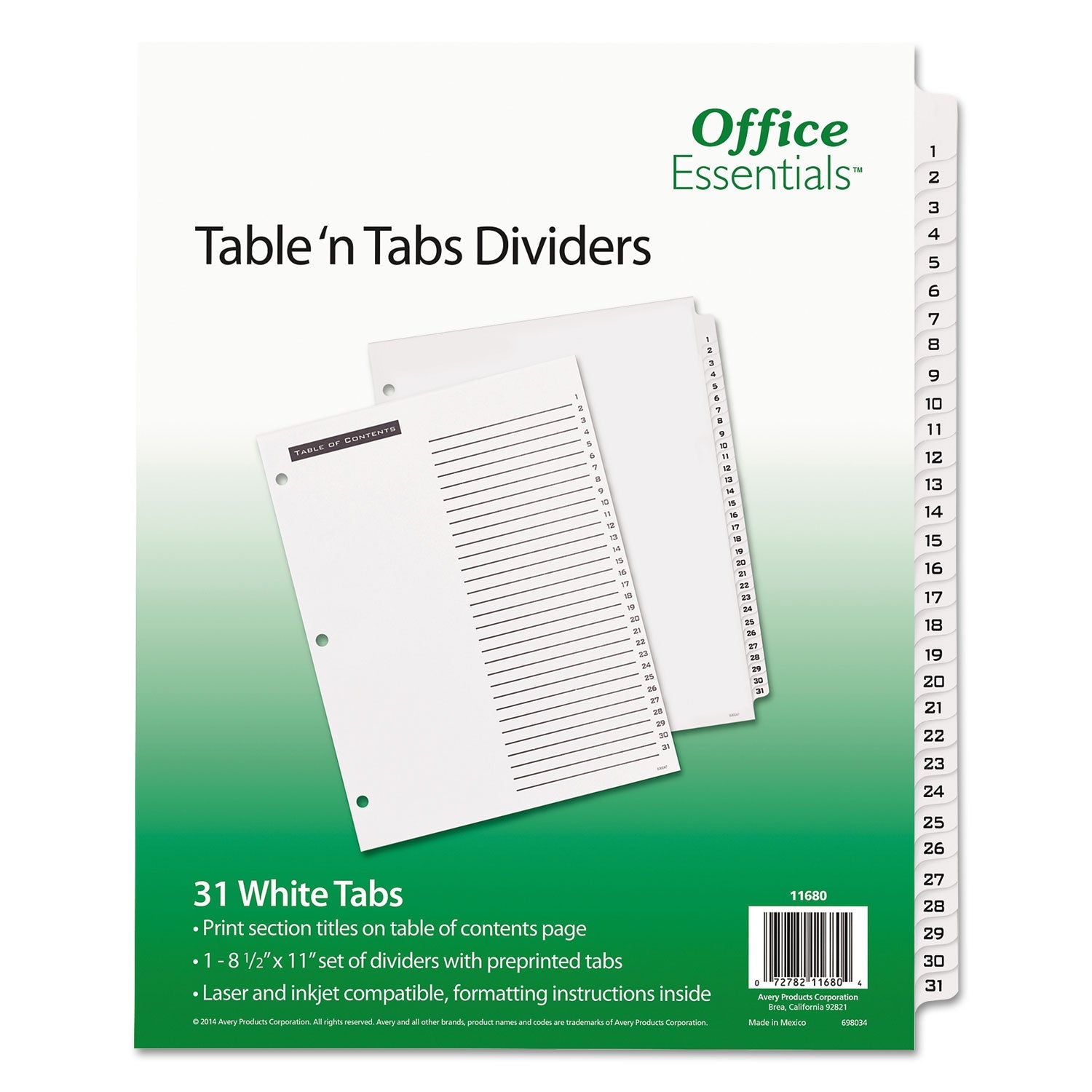 Office Essentials™ Table 'n Tabs Dividers, 31-Tab, 1 to 31, 11 x 8.5, White, White Tabs, 1 Set