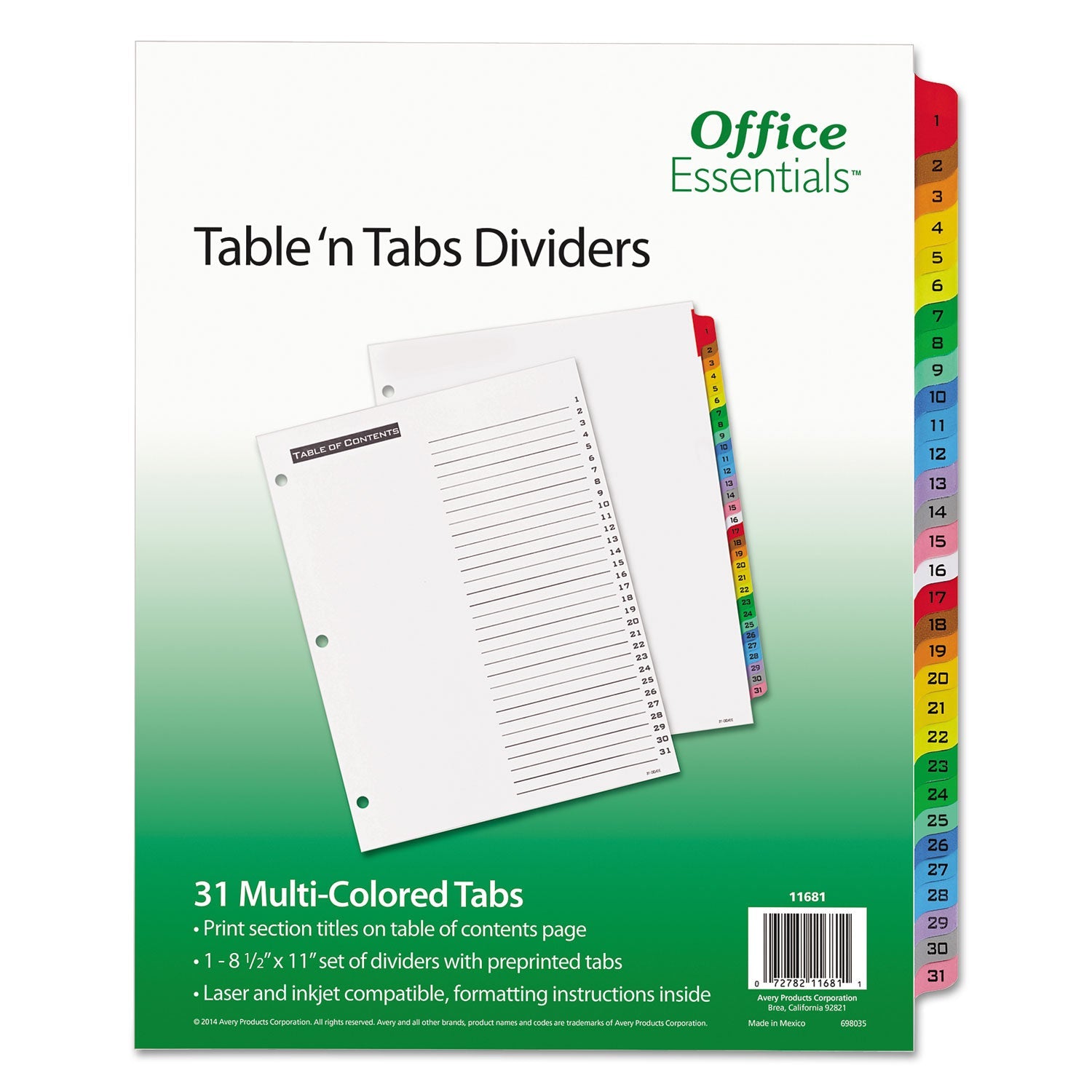 Office Essentials™ Table 'n Tabs Dividers, 31-Tab, 1 to 31, 11 x 8.5, White, Assorted Tabs, 1 Set