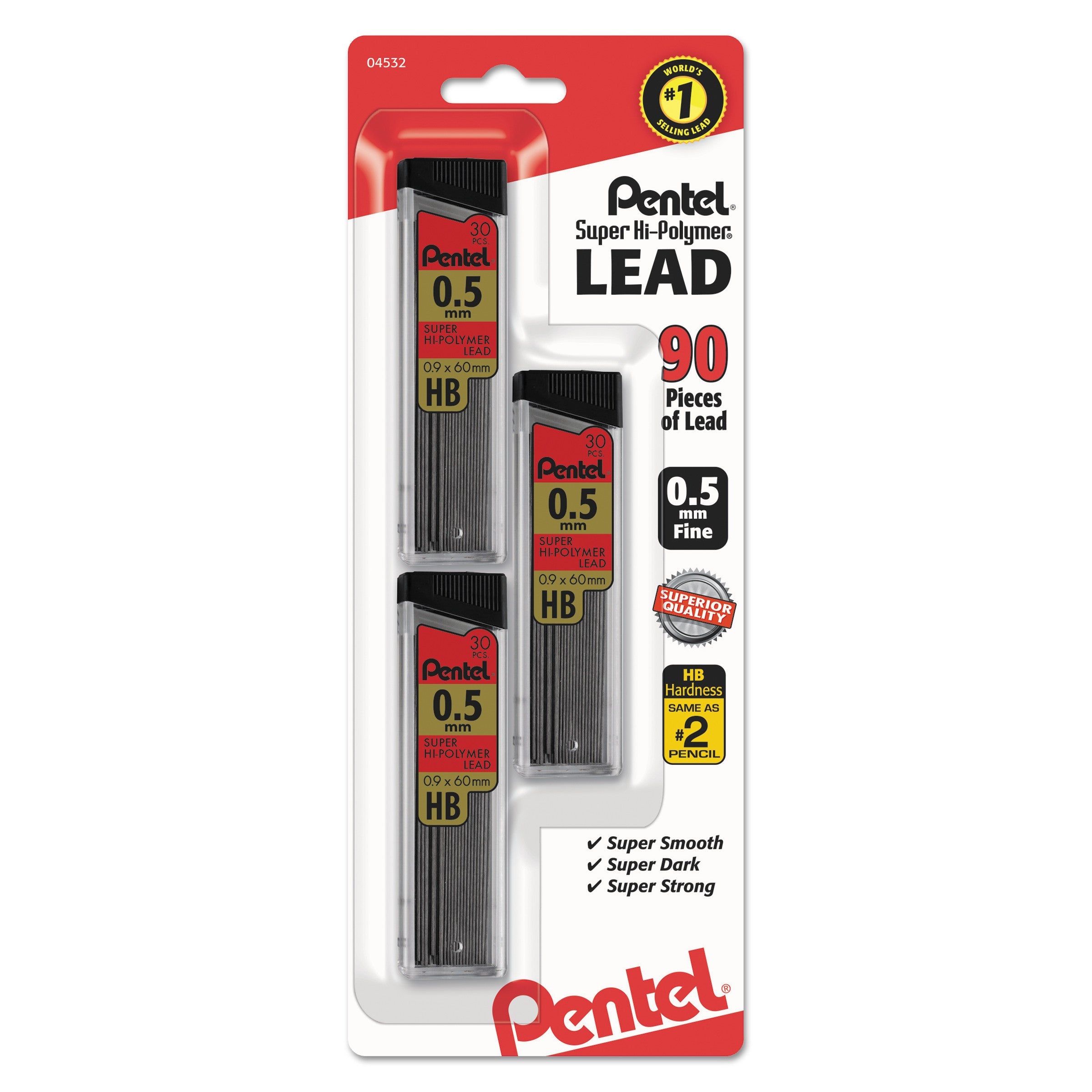Pentel® Super Hi-Polymer Lead Refills, 0.5 Mm, Hb, Black, 30/tube, 3 Tubes/pack