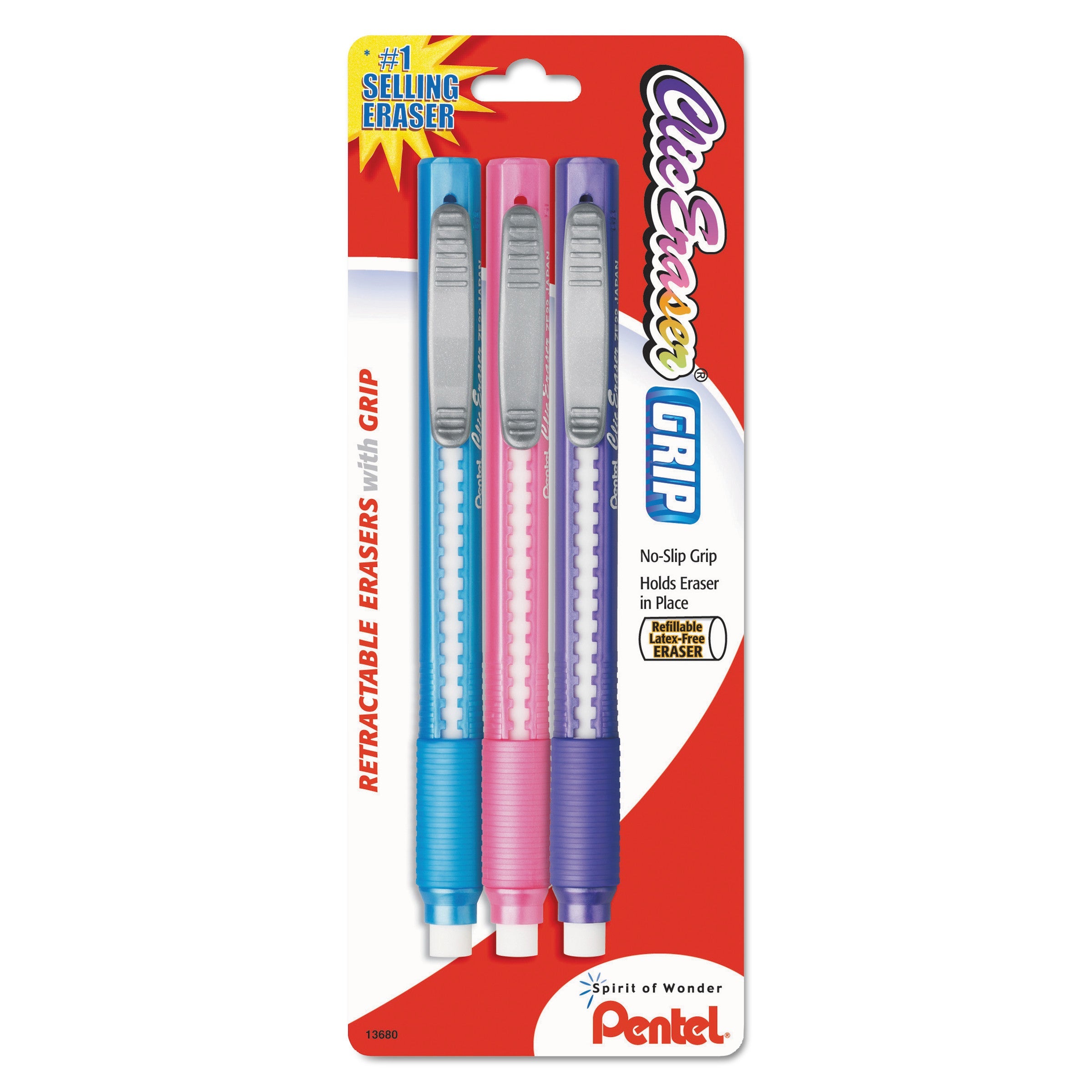 Pentel® Clic Eraser Grip Eraser, For Pencil Marks, White Eraser, Randomly Assorted Barrel Colors (three-Colors), 3/pack