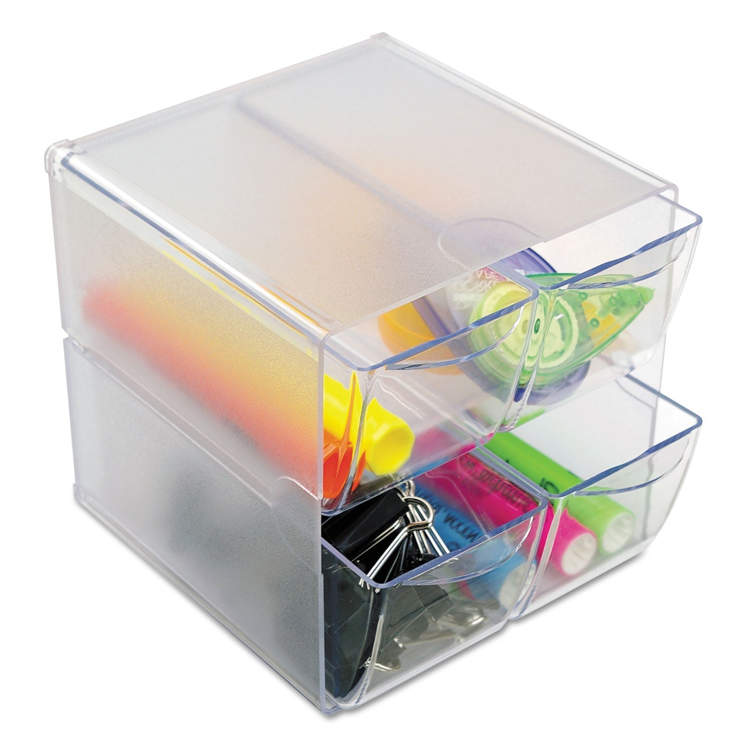 deflecto® Stackable Cube Organizer, 4 Compartments, 4 Drawers, Plastic, 6 x 7.2 x 6, Clear