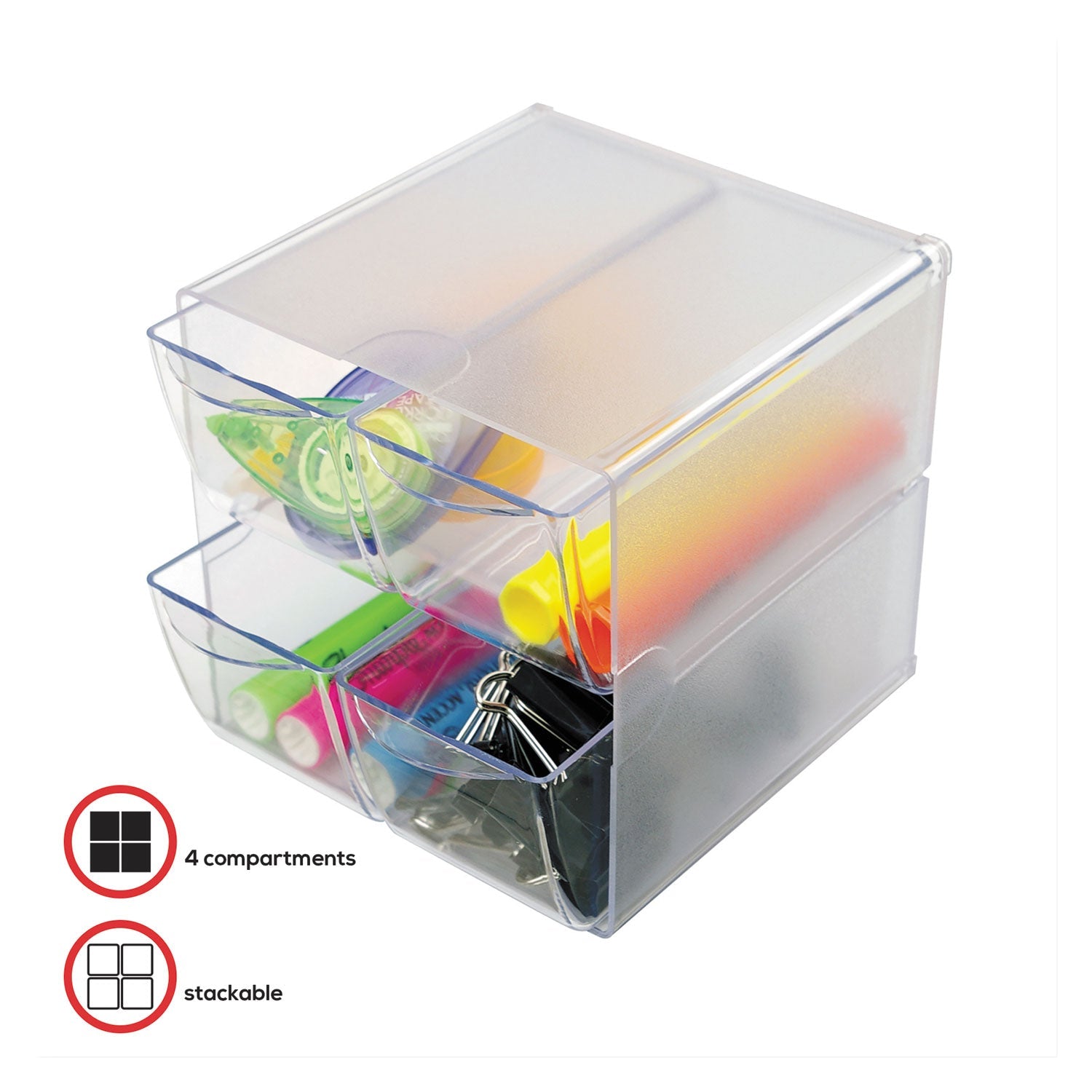 deflecto® Stackable Cube Organizer, 4 Compartments, 4 Drawers, Plastic, 6 x 7.2 x 6, Clear