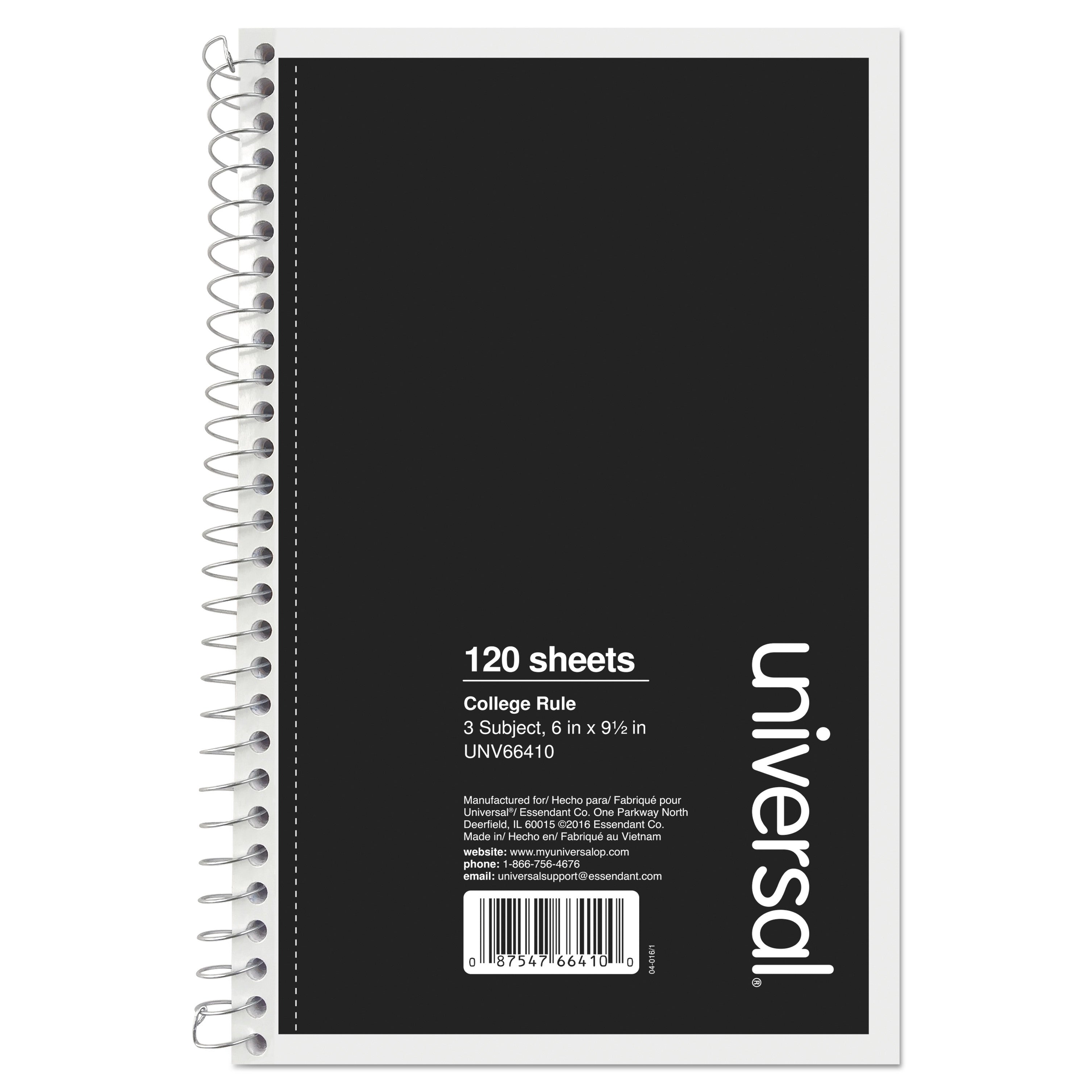 Universal® Wirebound Notebook, 3-Subject, Medium/College Rule, Black Cover, (120) 9.5 x 6 Sheets