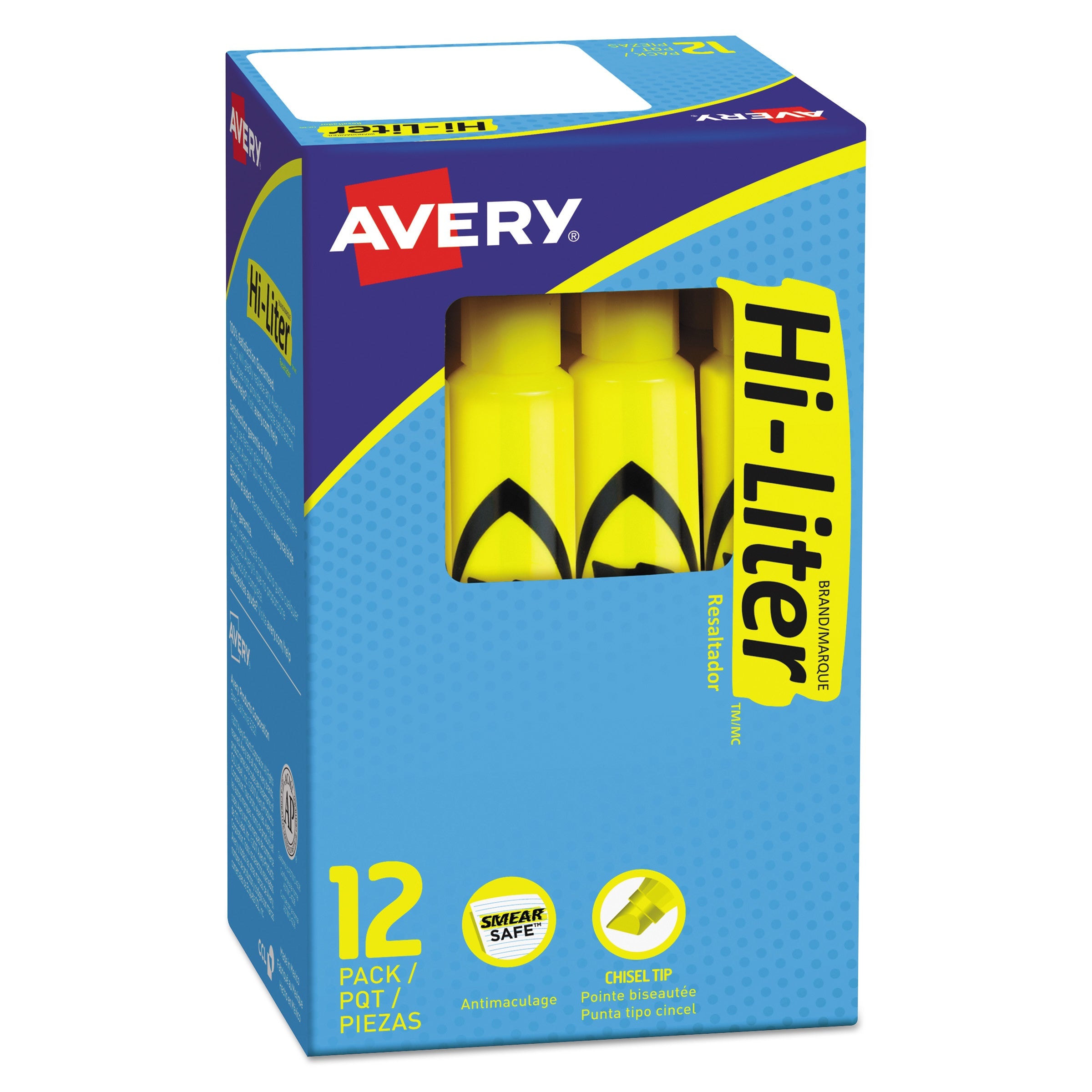 Avery® Hi-Liter Desk-Style Highlighters, Yellow Ink, Chisel Tip, Yellow/black Barrel, Dozen