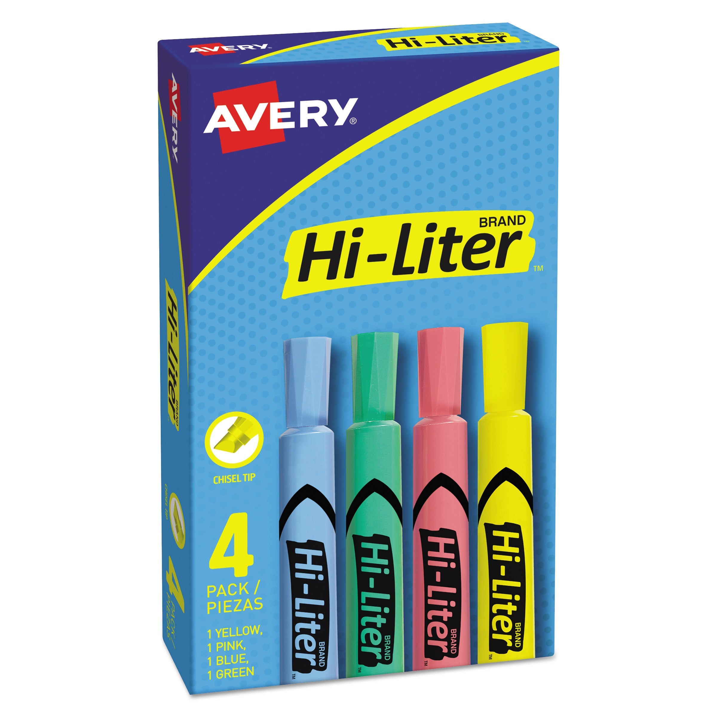 Avery® Hi-Liter Desk-Style Highlighters, Assorted Ink Colors, Chisel Tip, Assorted Barrel Colors, 4/set