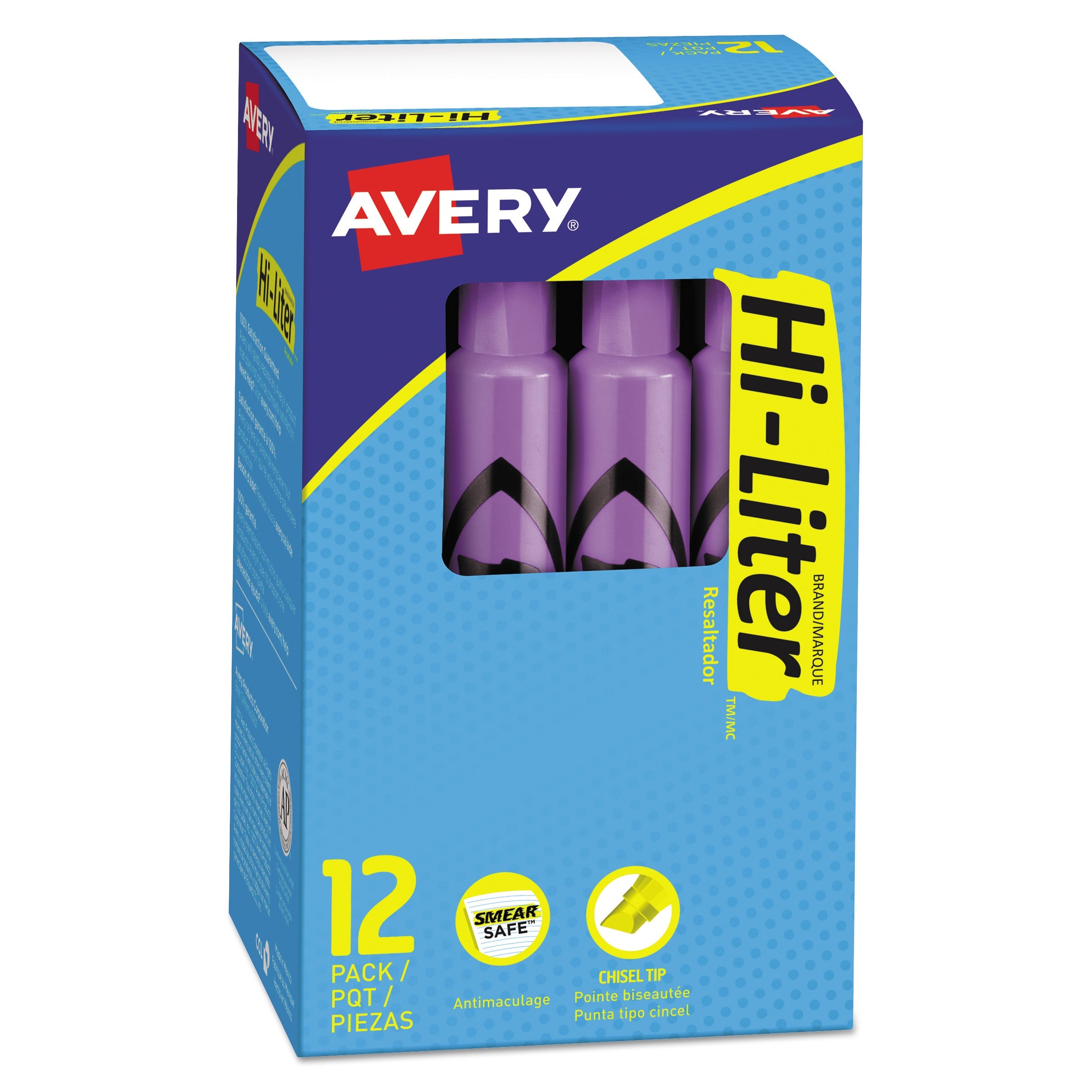 Avery® Hi-Liter Desk-Style Highlighters, Fluorescent Purple Ink, Chisel Tip, Purple/black Barrel, Dozen