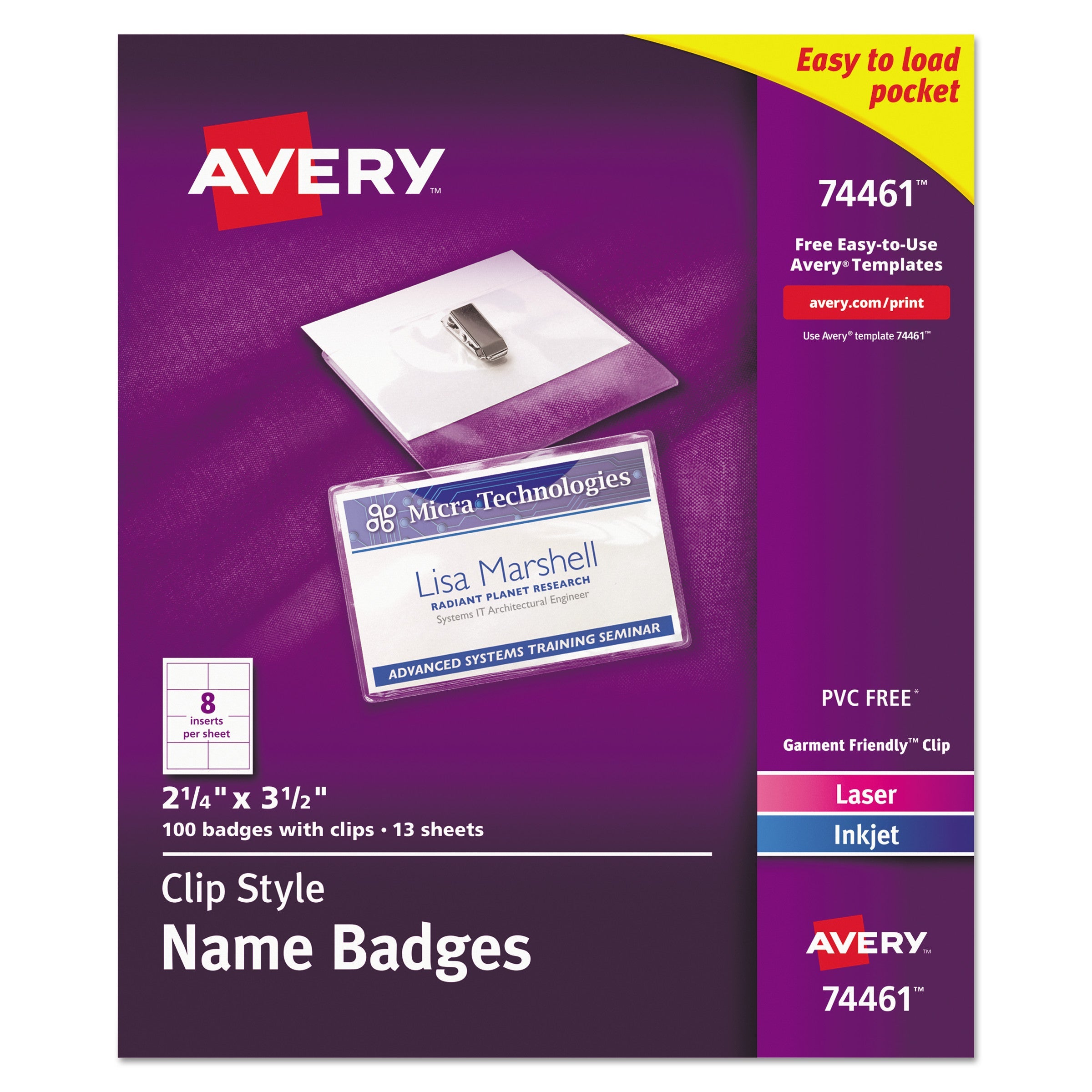 Avery® Clip-Style Badge Holder With Laser/inkjet Insert, Top Load, 3.5 X 2.25, White, 100/box