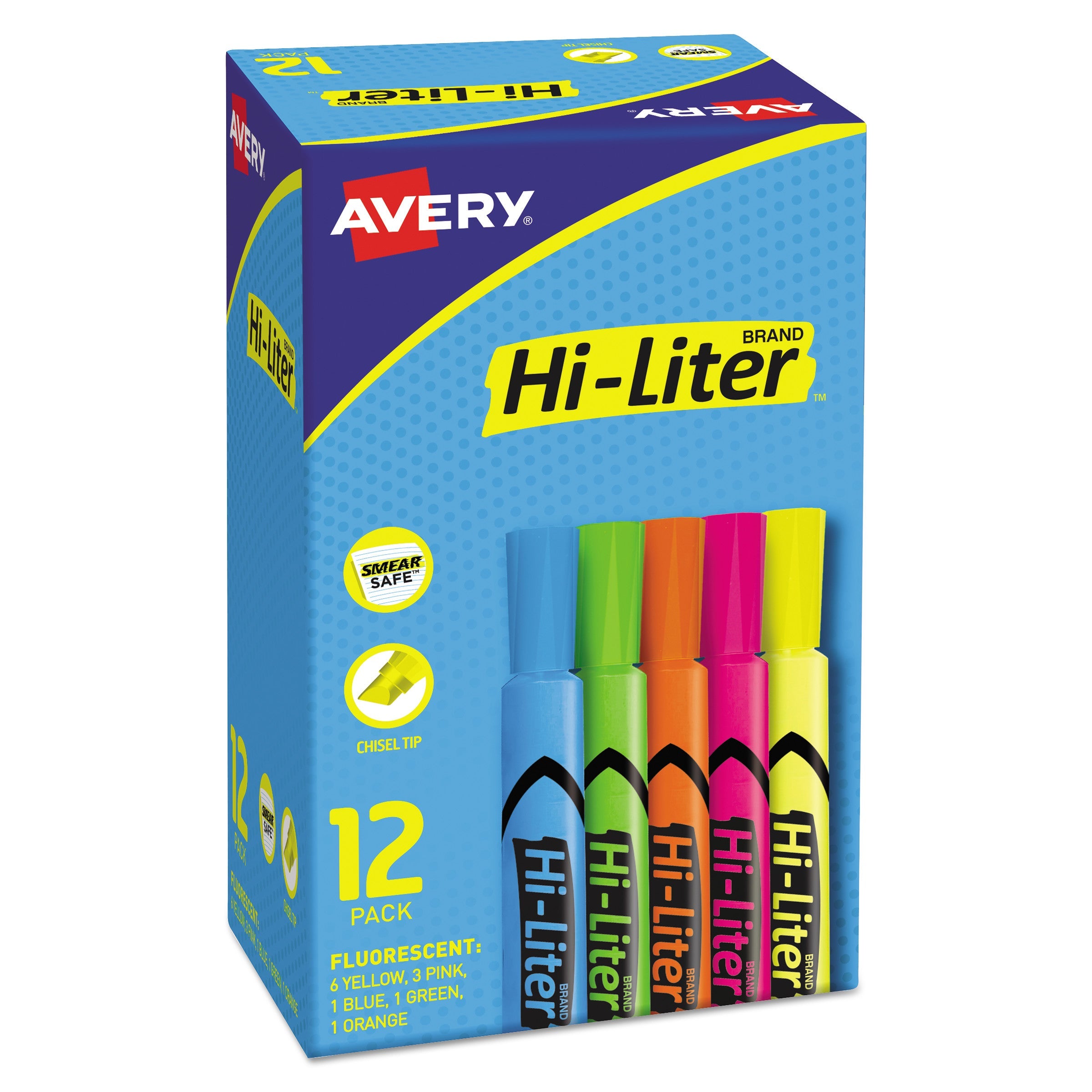 Avery® Hi-Liter Desk-Style Highlighters, Assorted Ink Colors, Chisel Tip, Assorted Barrel Colors, Dozen