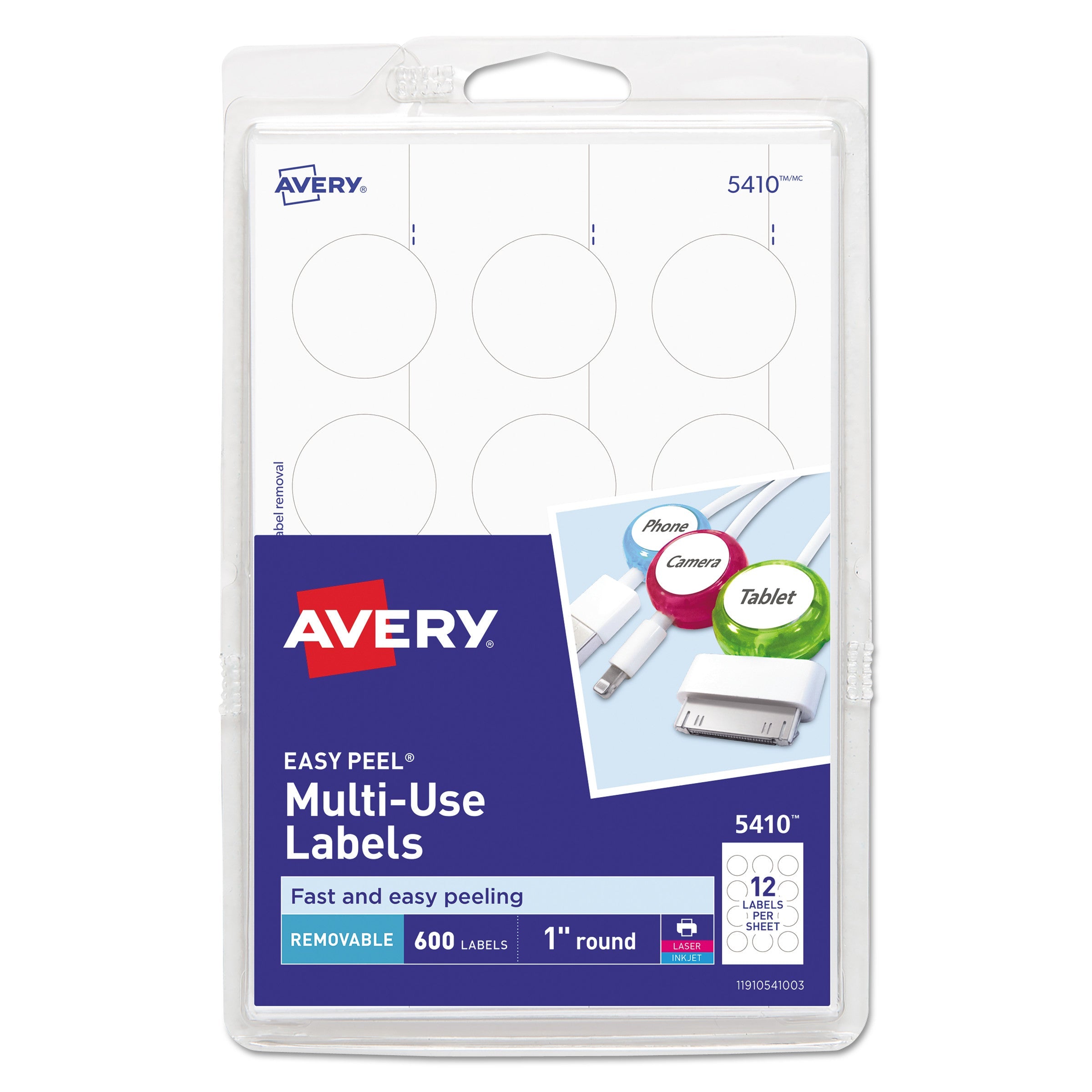 Avery® Removable Multi-Use Labels, Inkjet/Laser Printers, 1" dia, White, 12/Sheet, 50 Sheets/Pack, (5410)