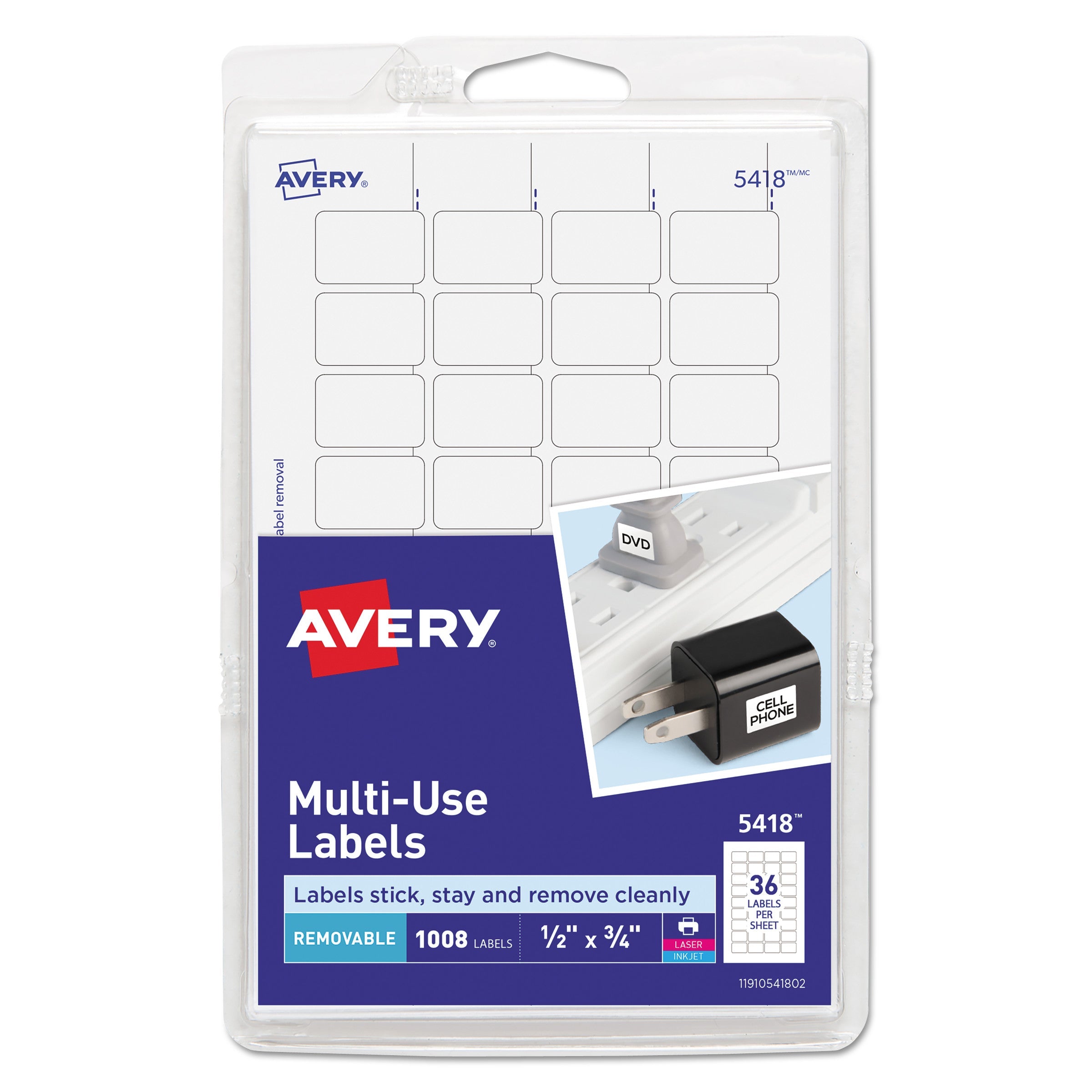 Avery® Removable Multi-Use Labels, Inkjet/laser Printers, 0.5 X 0.75, White, 36/sheet, 28 Sheets/pack, (5418)
