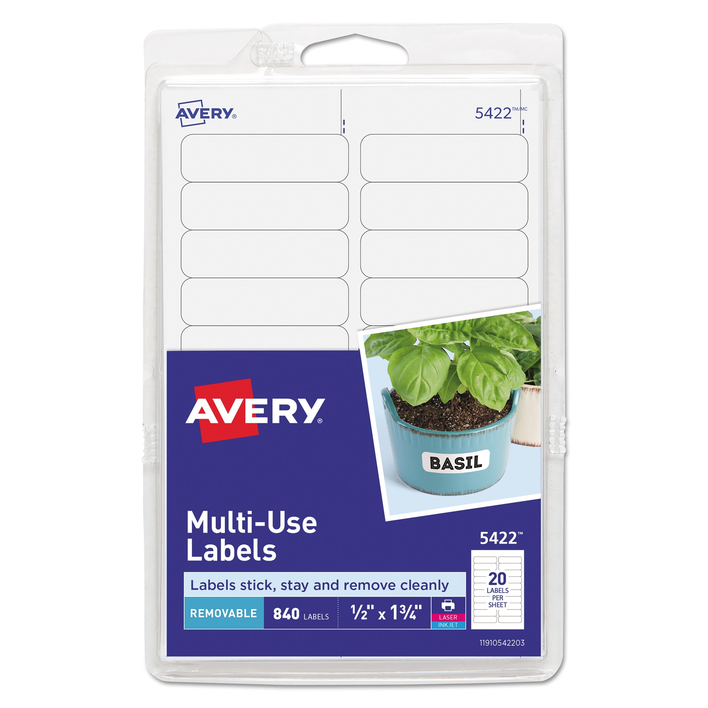 Avery® Removable Multi-Use Labels, Inkjet/laser Printers, 0.5 X 1.75, White, 20/sheet, 42 Sheets/pack, (5422)