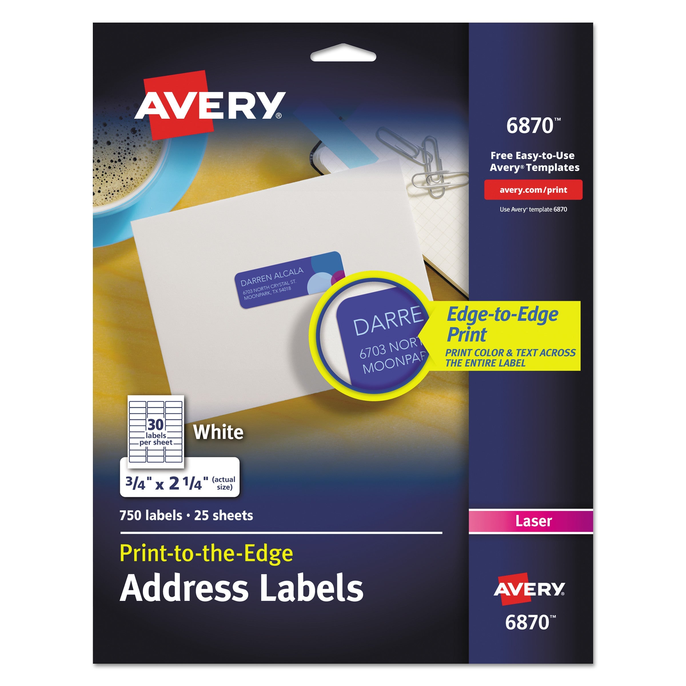Avery® Vibrant Laser Color-Print Labels w/ Sure Feed, 0.75 x 2.25, White, 750/PK