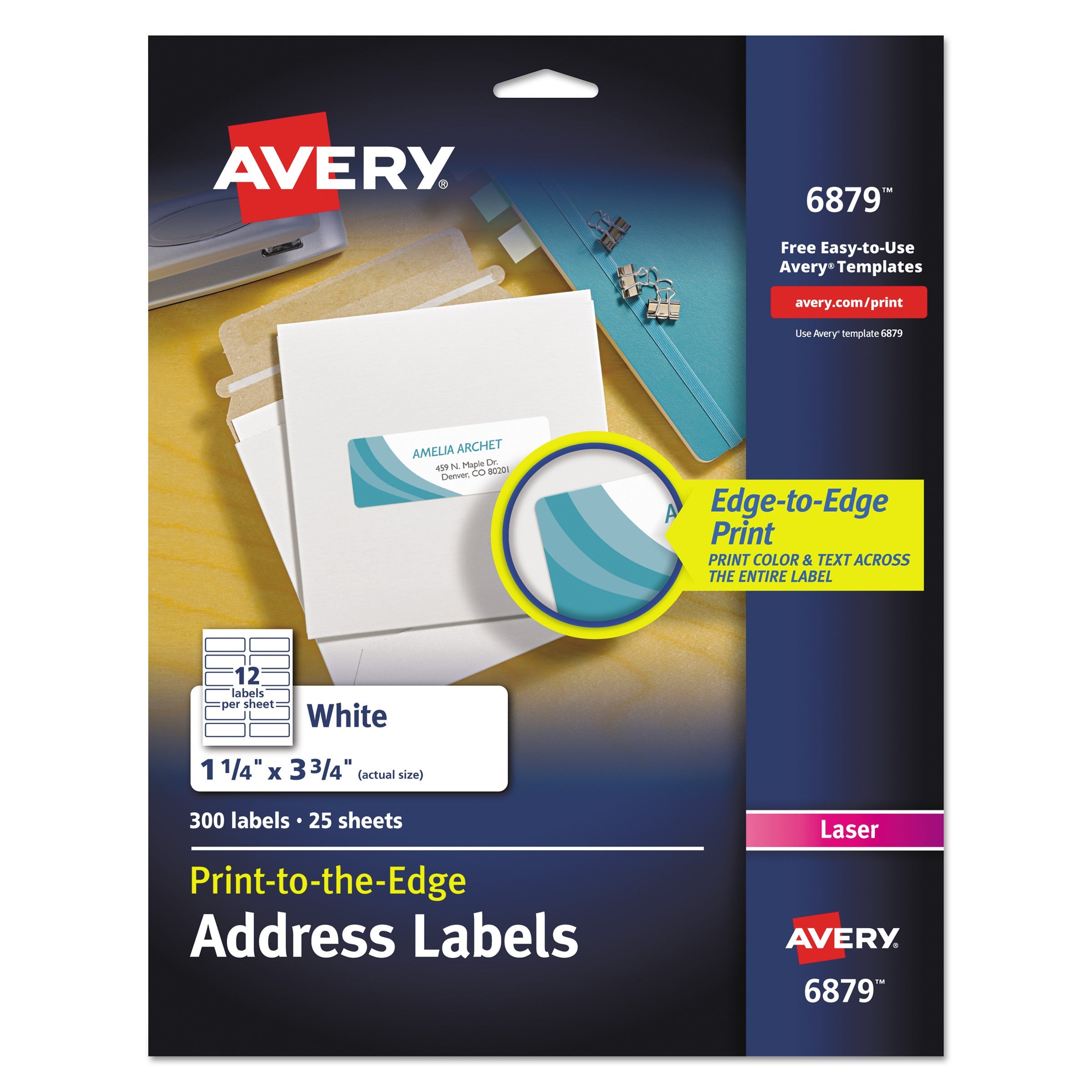 Avery® Vibrant Laser Color-Print Labels w/ Sure Feed, 1.25 x 3.75, White, 300/Pack
