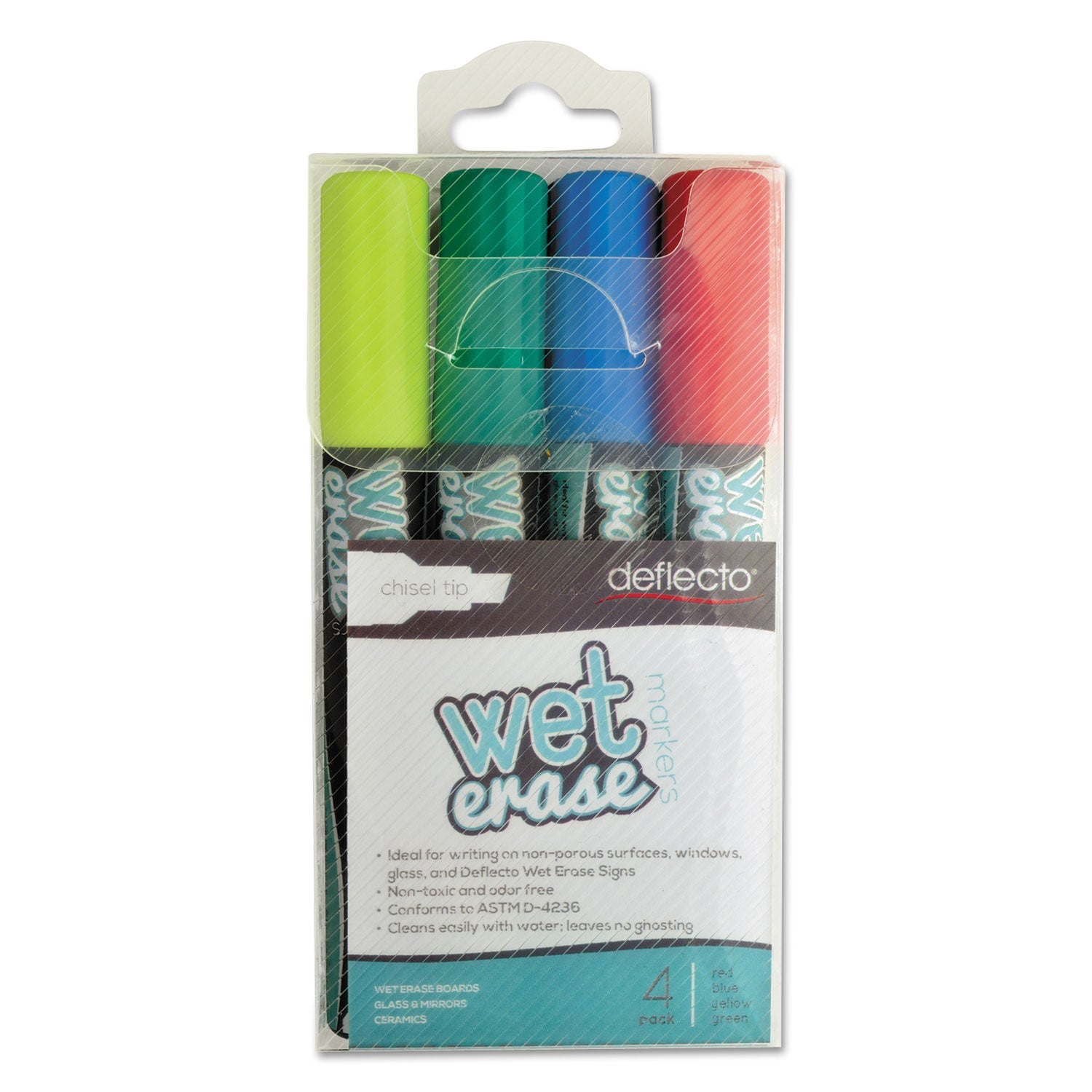 deflecto® Wet Erase Markers, Medium Chisel Tip, Assorted Colors, 4/pack