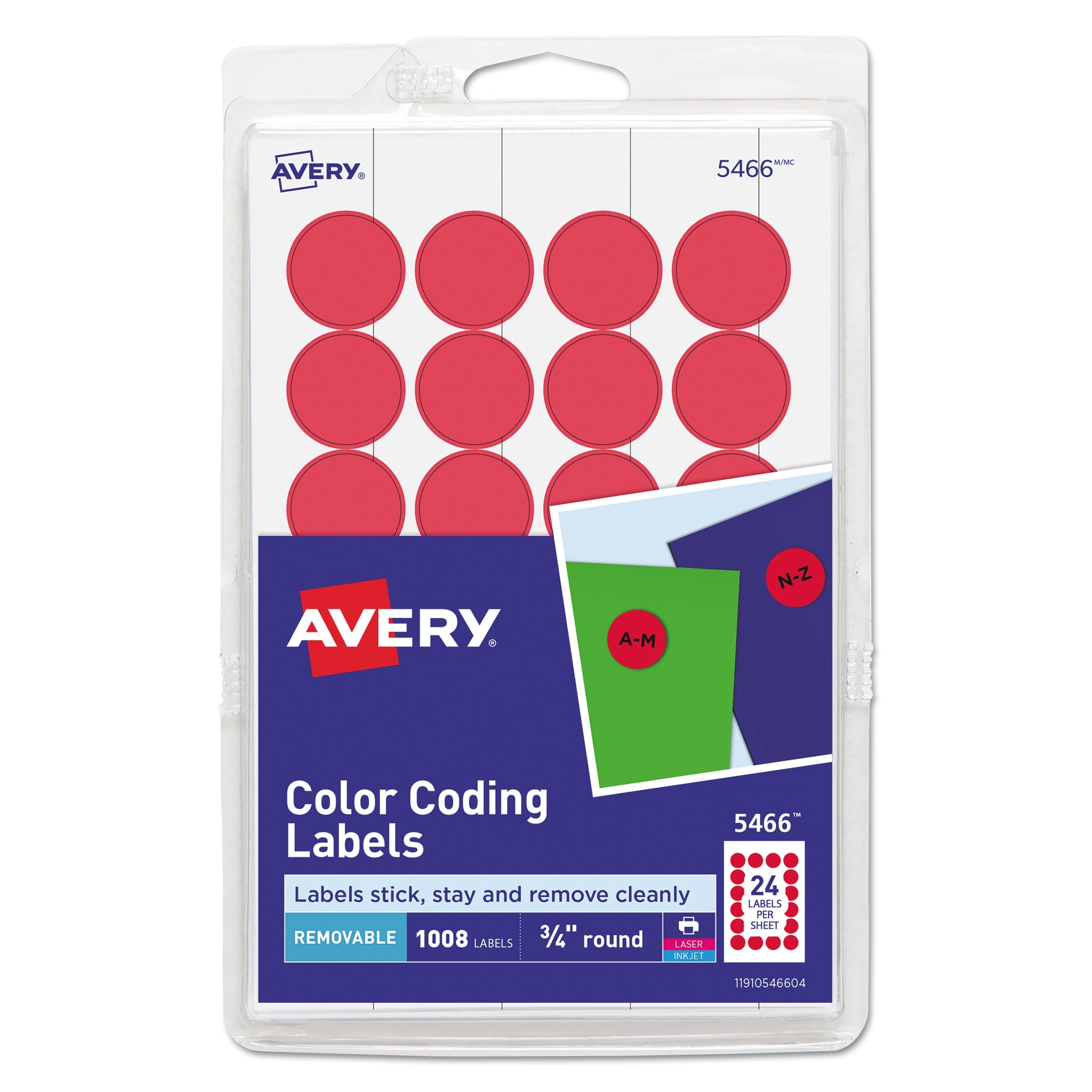 Avery® Printable Self-Adhesive Removable Color-Coding Labels, 0.75" dia, Red, 24/Sheet, 42 Sheets/Pack, (5466)