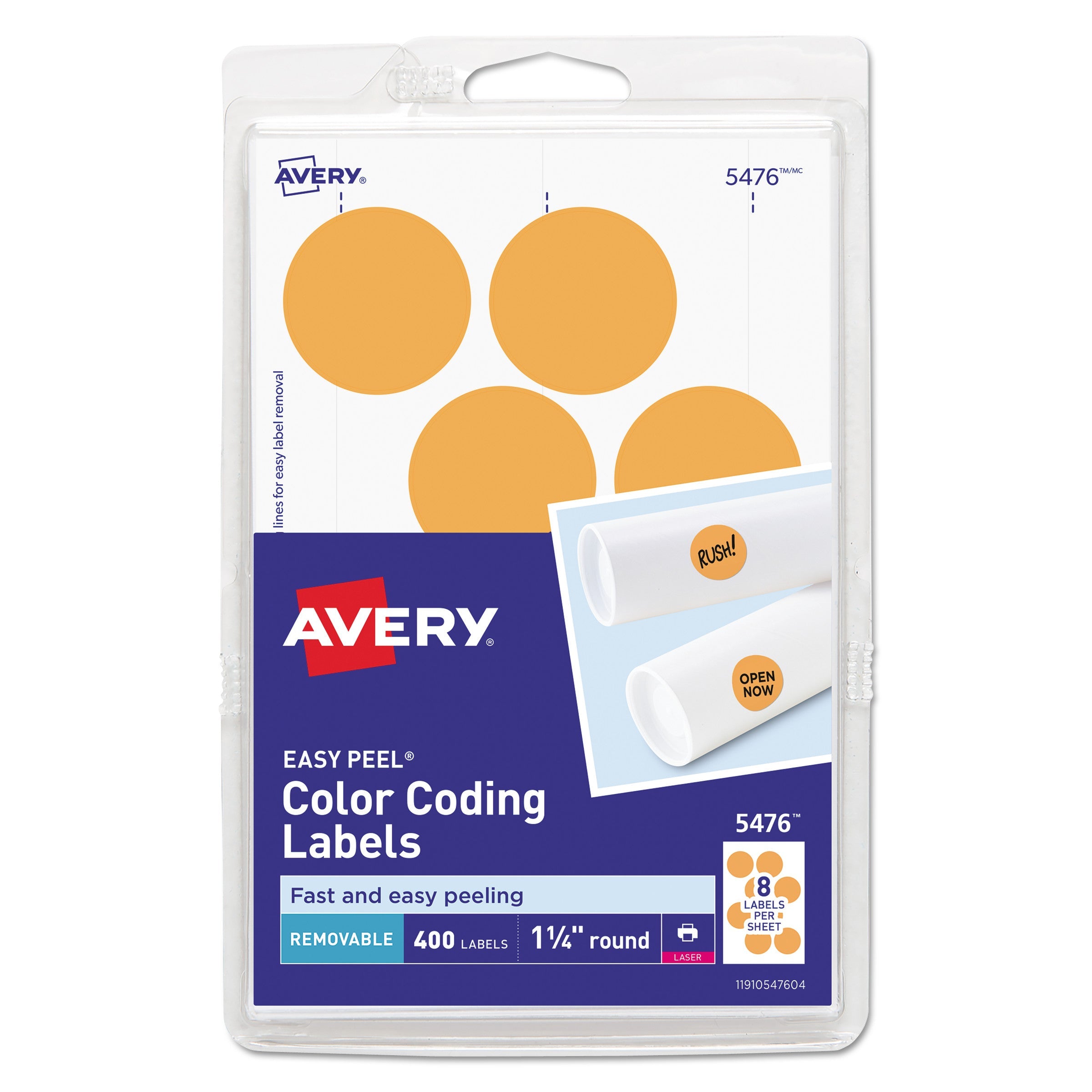 Avery® Printable Self-Adhesive Removable Color-Coding Labels, 1.25" dia, Neon Orange, 8/Sheet, 50 Sheets/Pack, (5476)