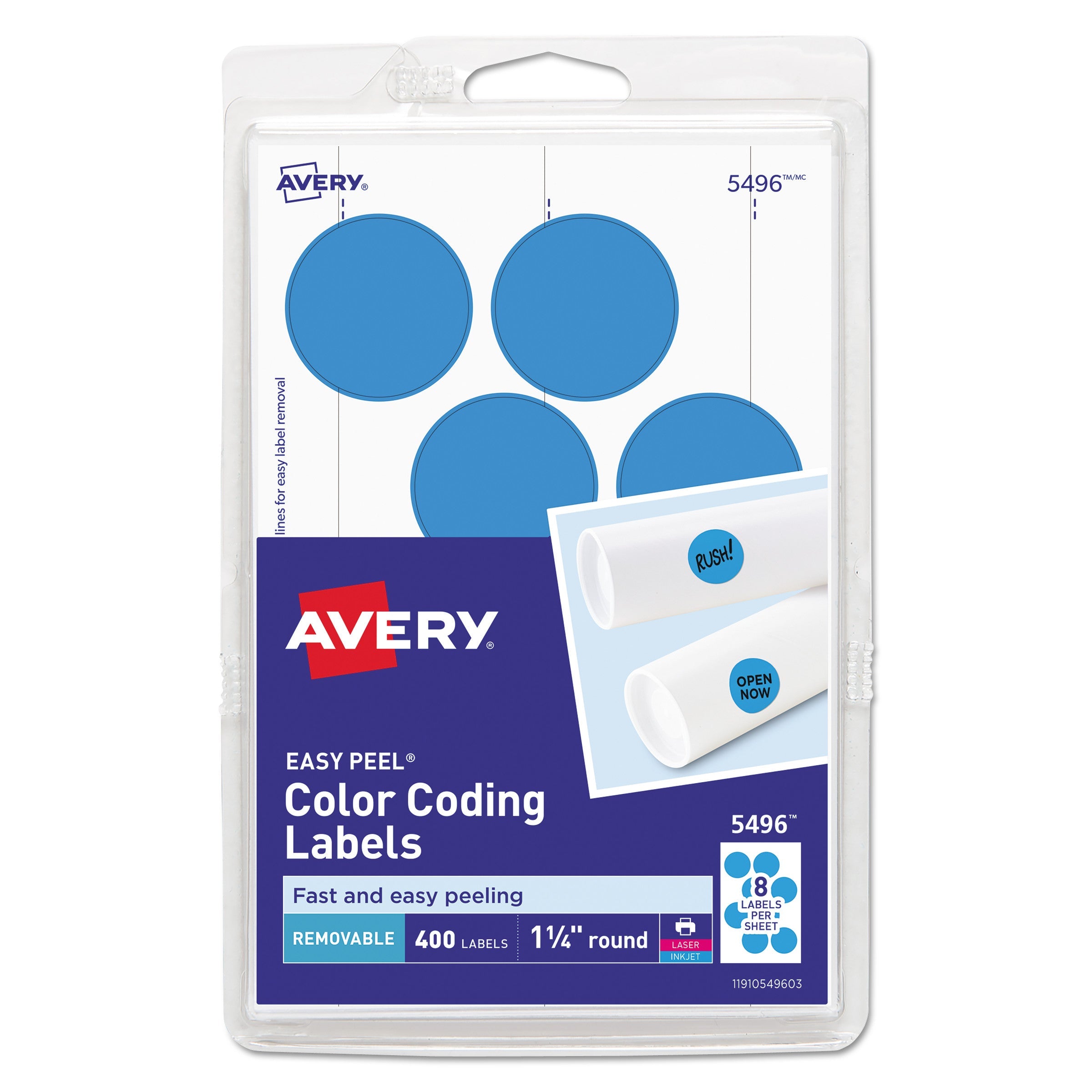 Avery® Printable Self-Adhesive Removable Color-Coding Labels, 1.25" dia, Light Blue, 8/Sheet, 50 Sheets/Pack, (5496)